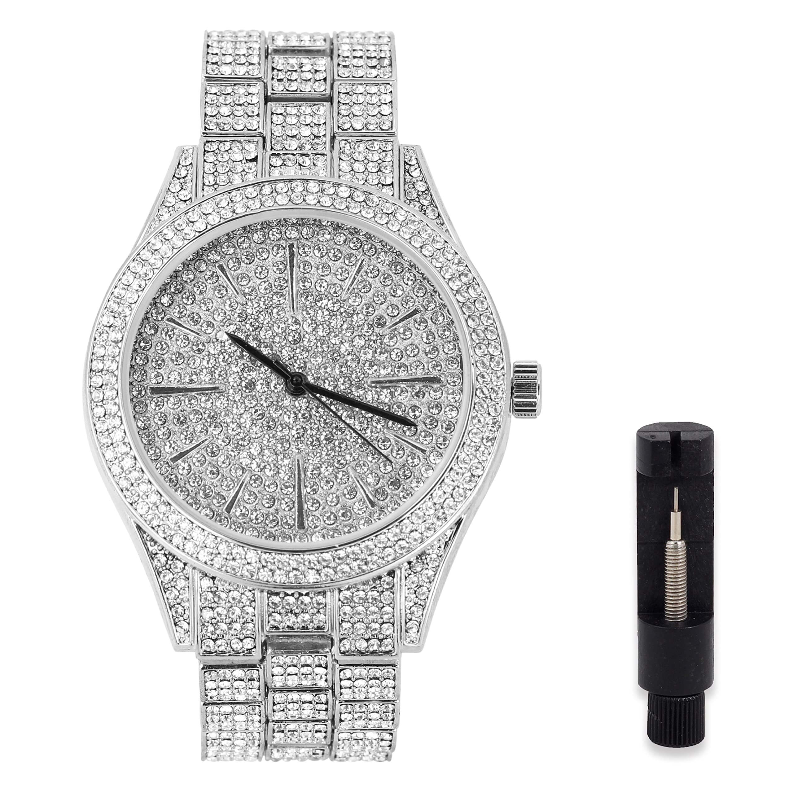 Men’s 42mm Iced Out Round Watch - Metal Band, Quartz Movement