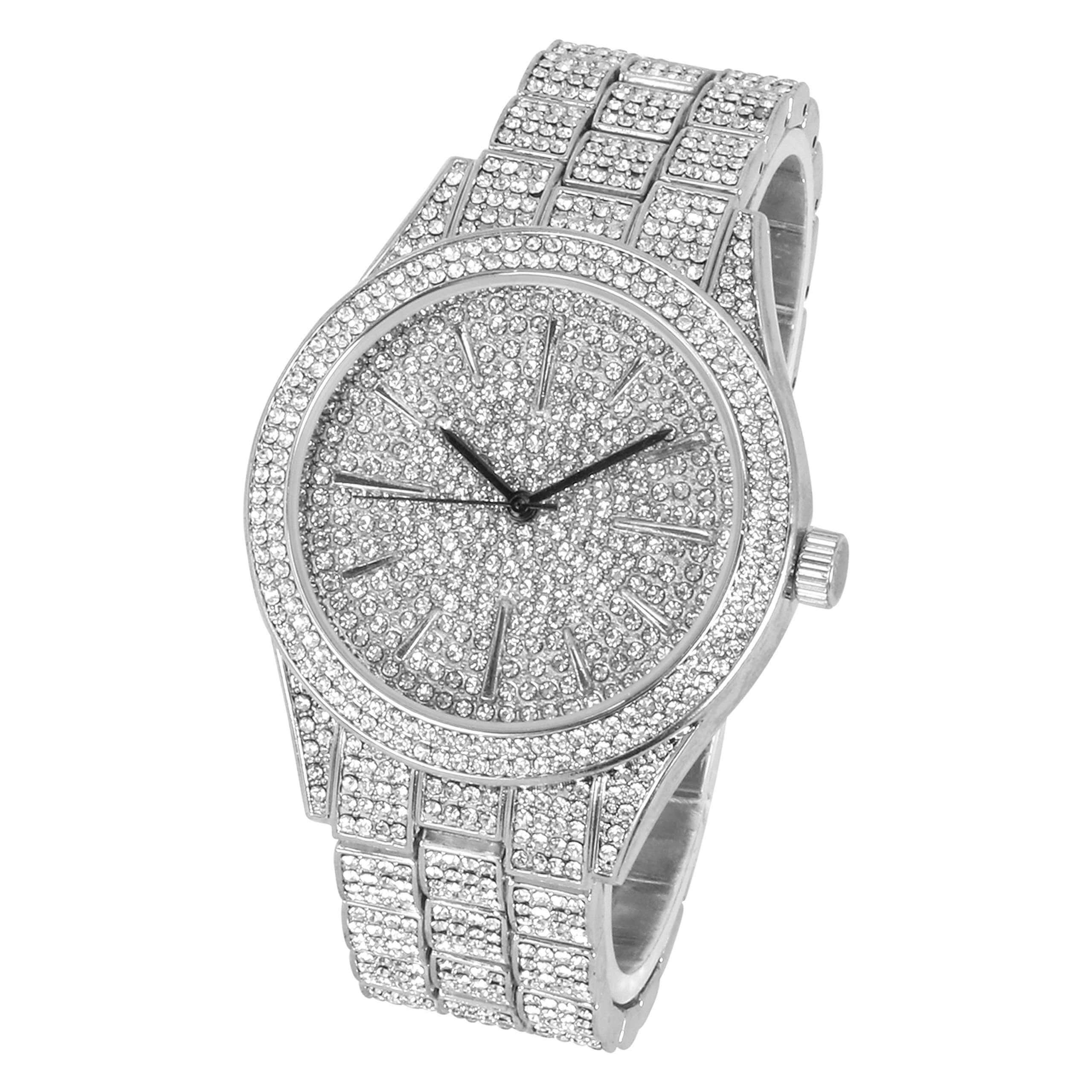 Men’s 42mm Iced Out Round Watch - Metal Band, Quartz Movement