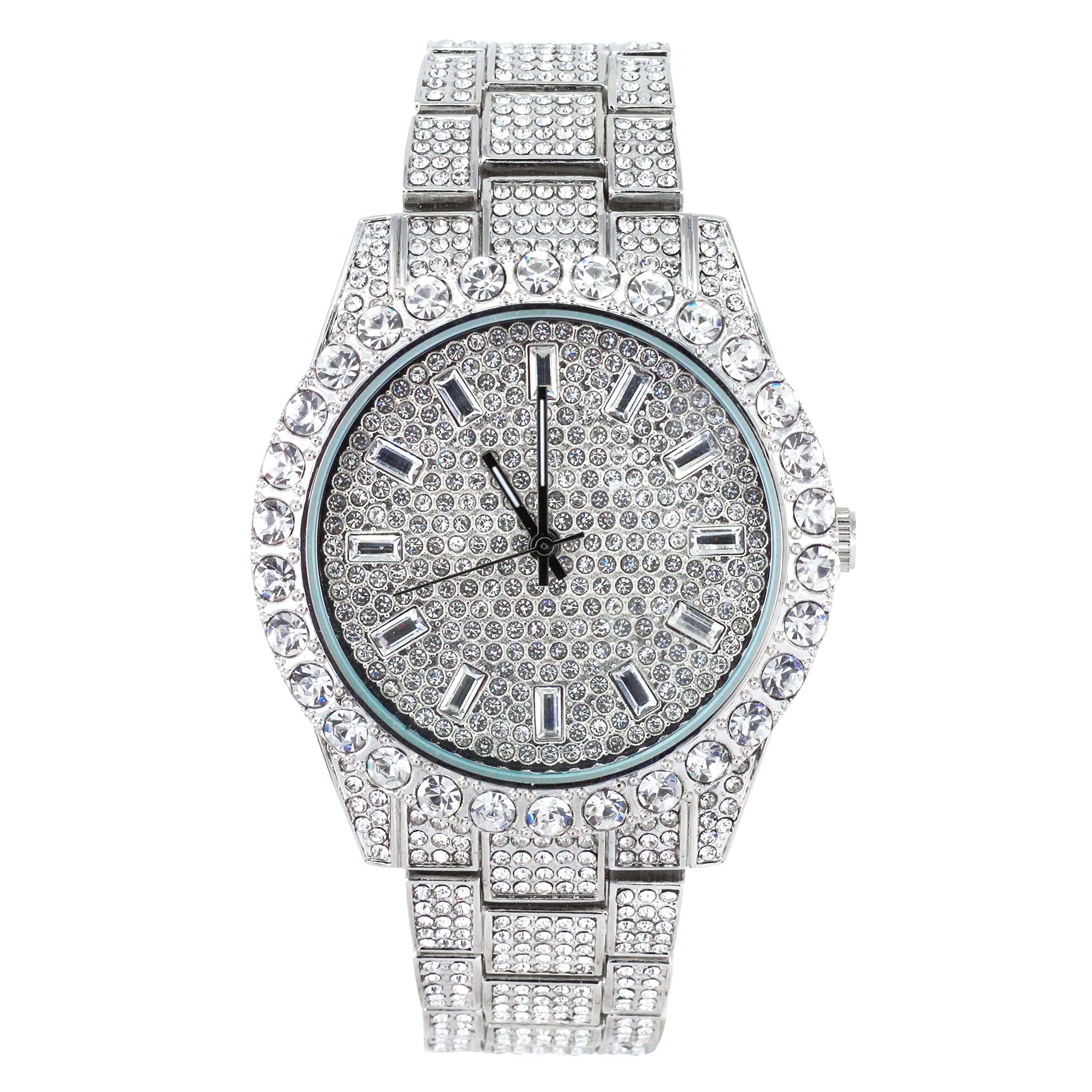 Men’s 44mm Iced Out Diamond Watch - Metal Band, Quartz Movement