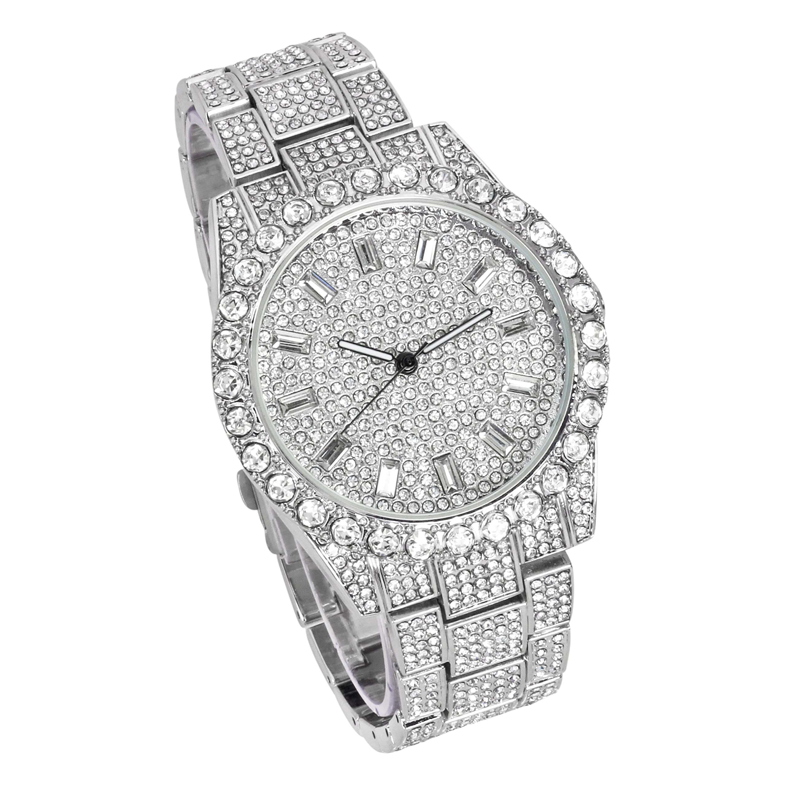 Men’s 44mm Iced Out Diamond Watch - Metal Band, Quartz Movement