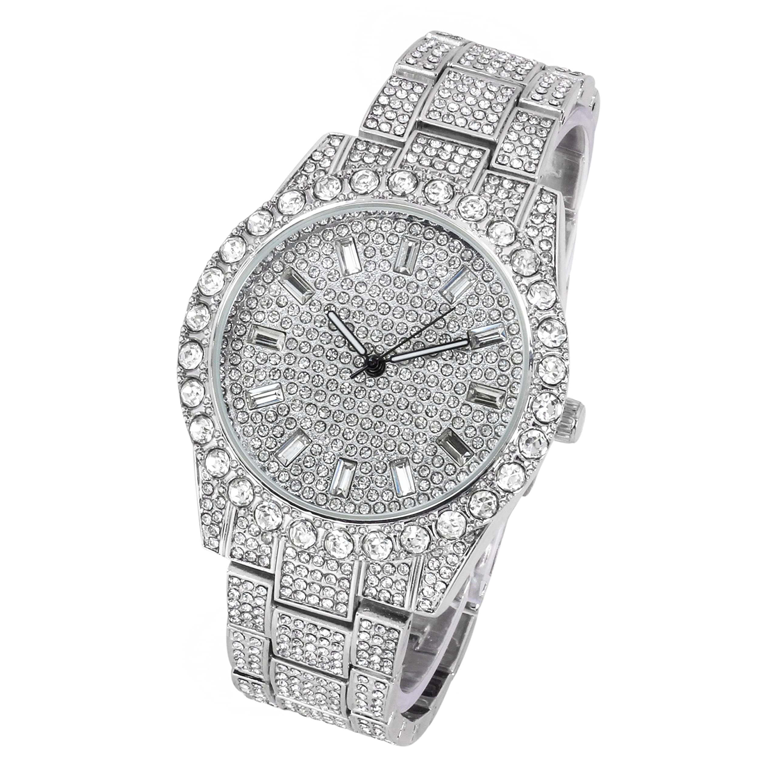 Men’s 44mm Iced Out Diamond Watch - Metal Band, Quartz Movement