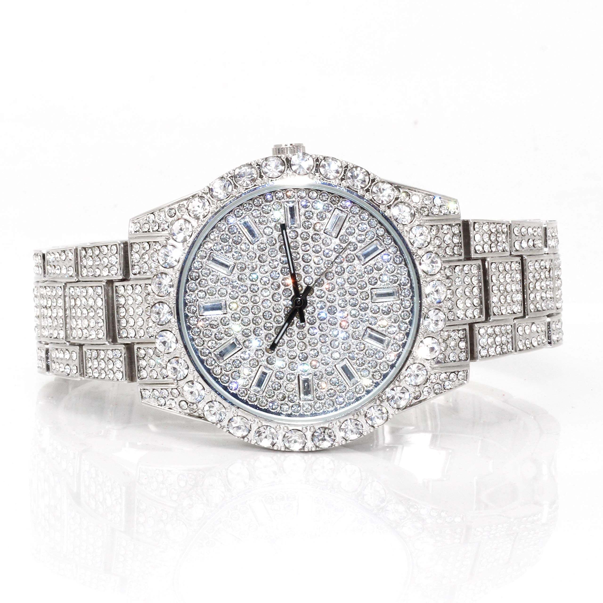Men’s 44mm Iced Out Diamond Watch - Metal Band, Quartz Movement