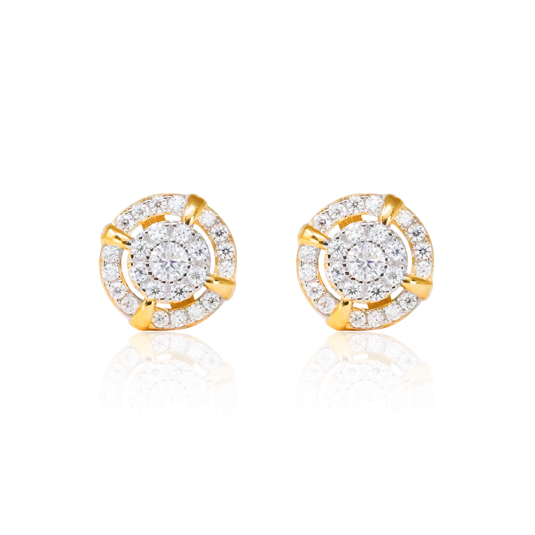 8mm halo moissanite cluster earrings in gold-plated sterling silver with round pavé diamonds.