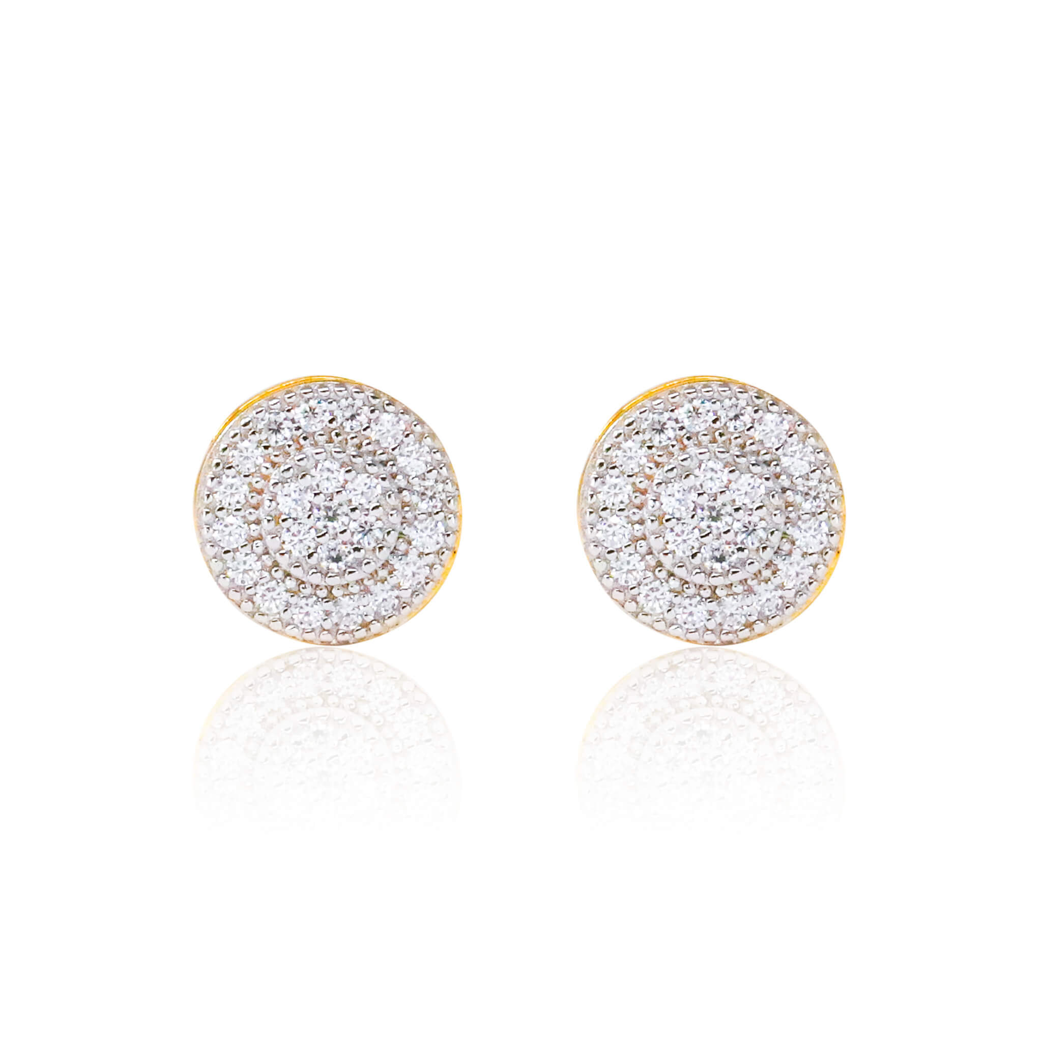 8mm moissanite cluster earrings in gold and pavé diamond circular design.