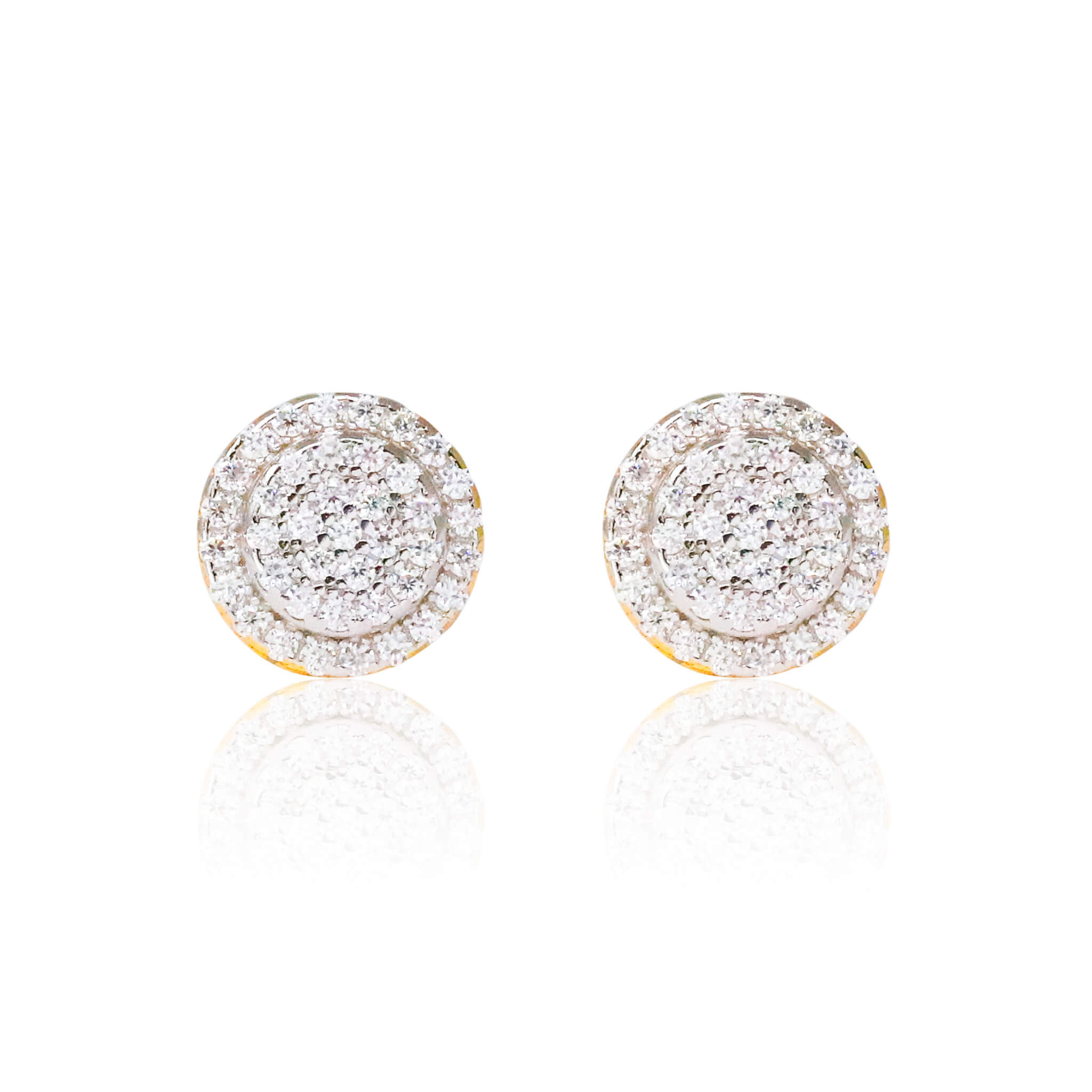 8mm moissanite cluster earrings in gold with two-row pavé diamond halo design.