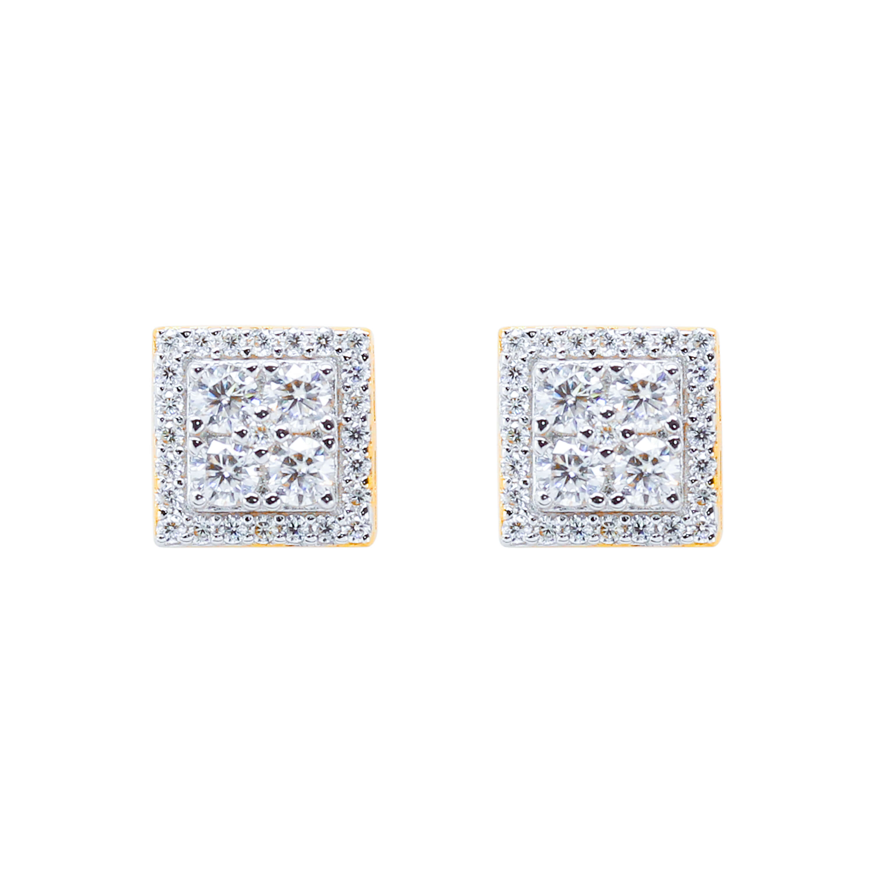 8mm moissanite cluster earrings with 0.65ct diamonds in sterling silver square halo design.