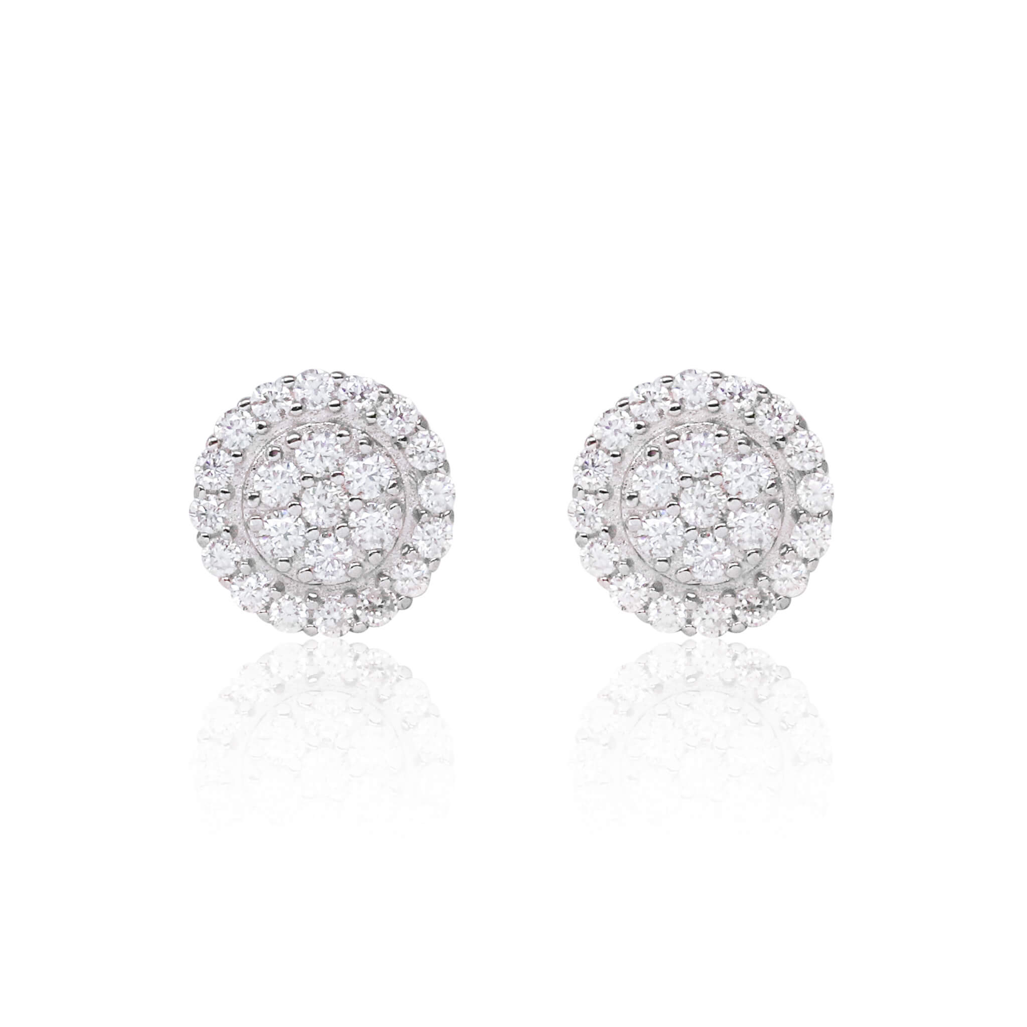 8mm Moissanite cluster earrings with 0.48ct diamonds in round sterling silver halo design.