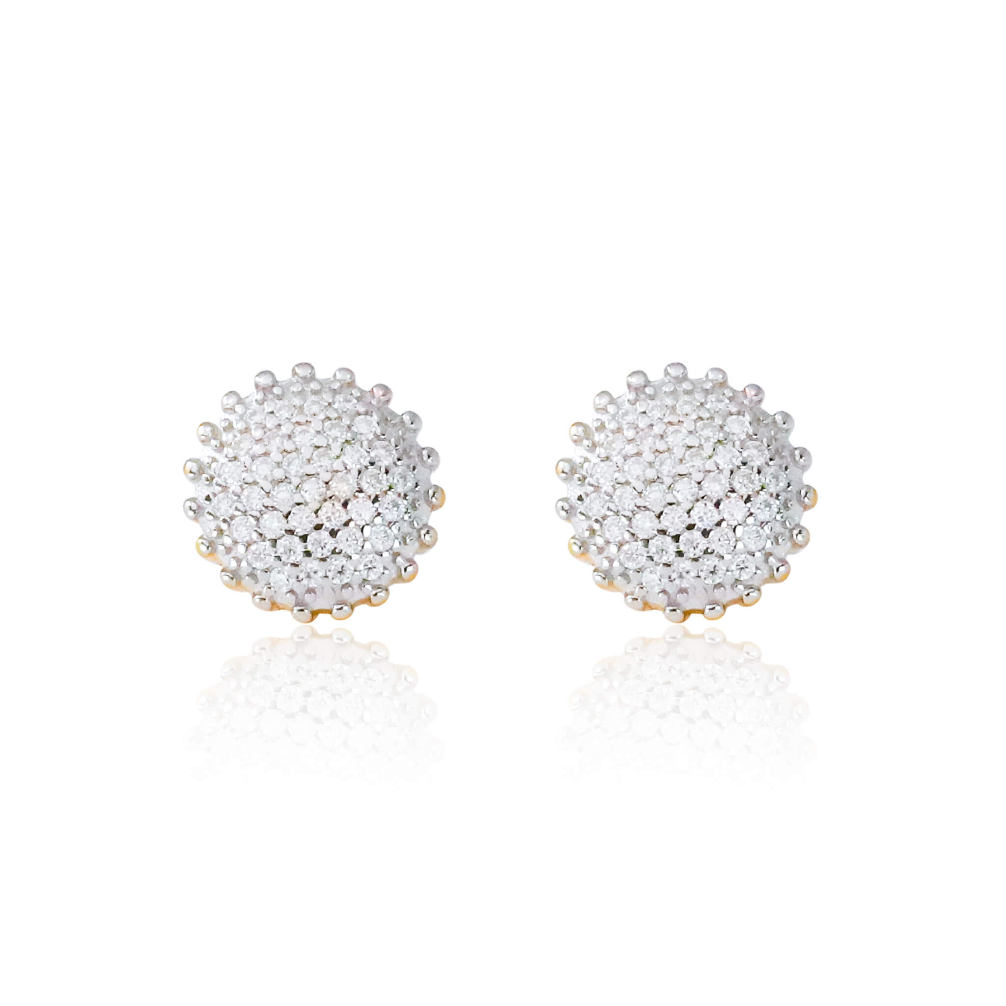8mm round moissanite cluster earrings with 0.48ct diamonds in gold-plated sterling silver.