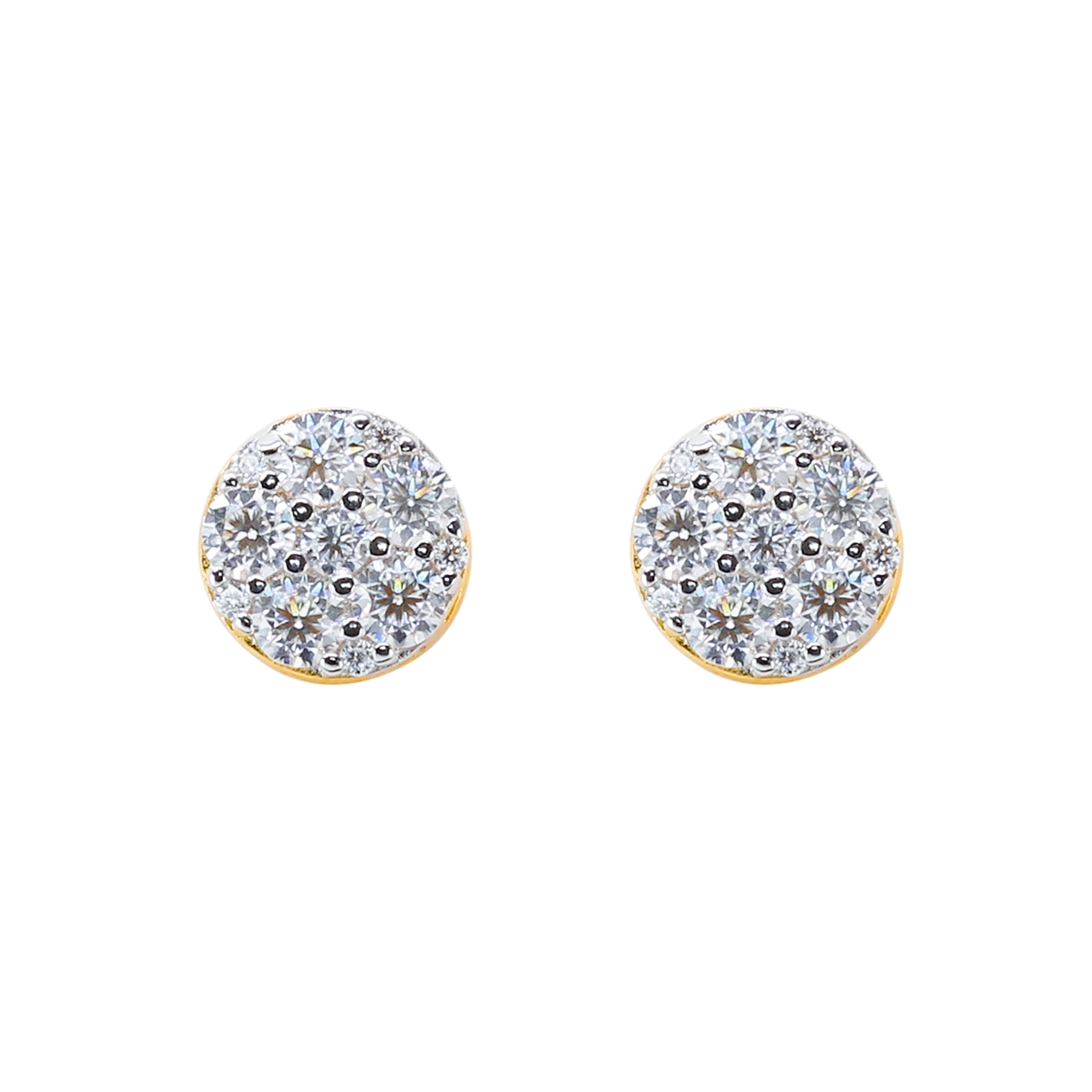 7mm round moissanite cluster earrings with 0.58ct diamonds in gold-plated sterling silver front view.