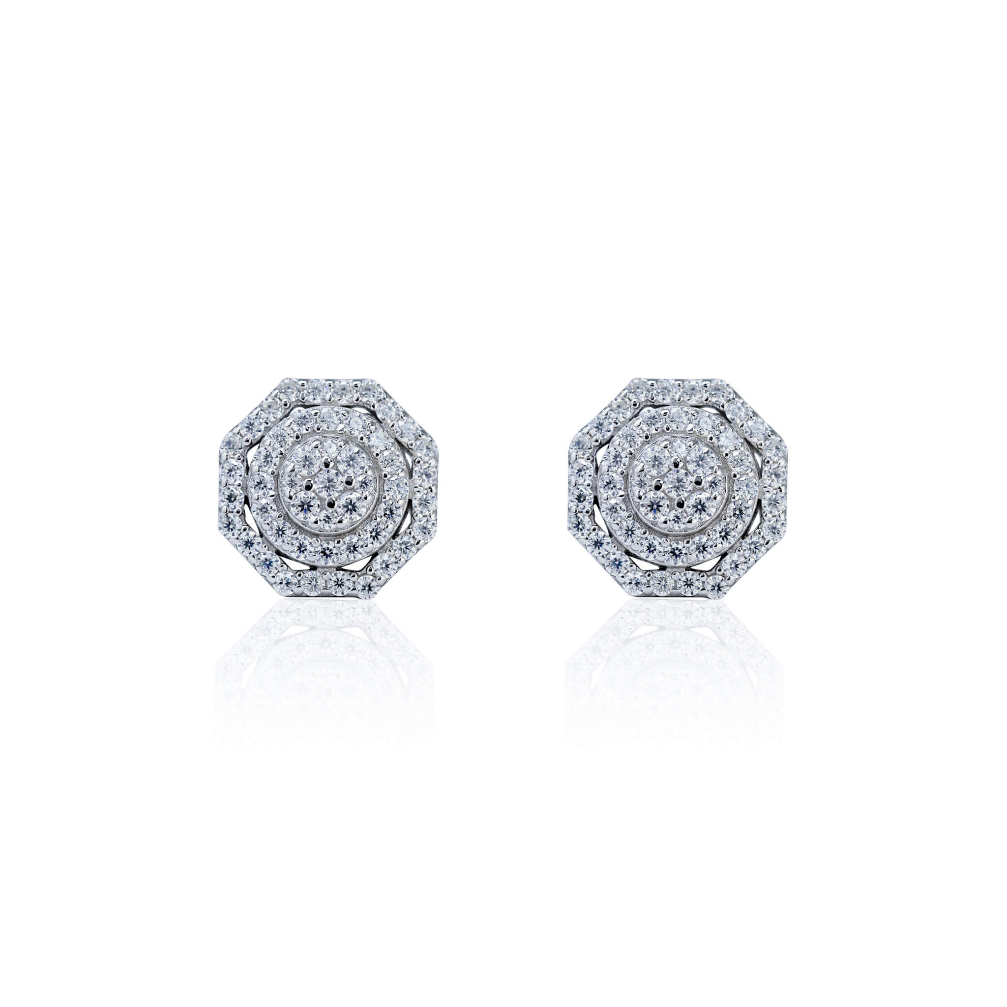 Sterling silver 10mm octagon moissanite diamond cluster stud earrings on white background.