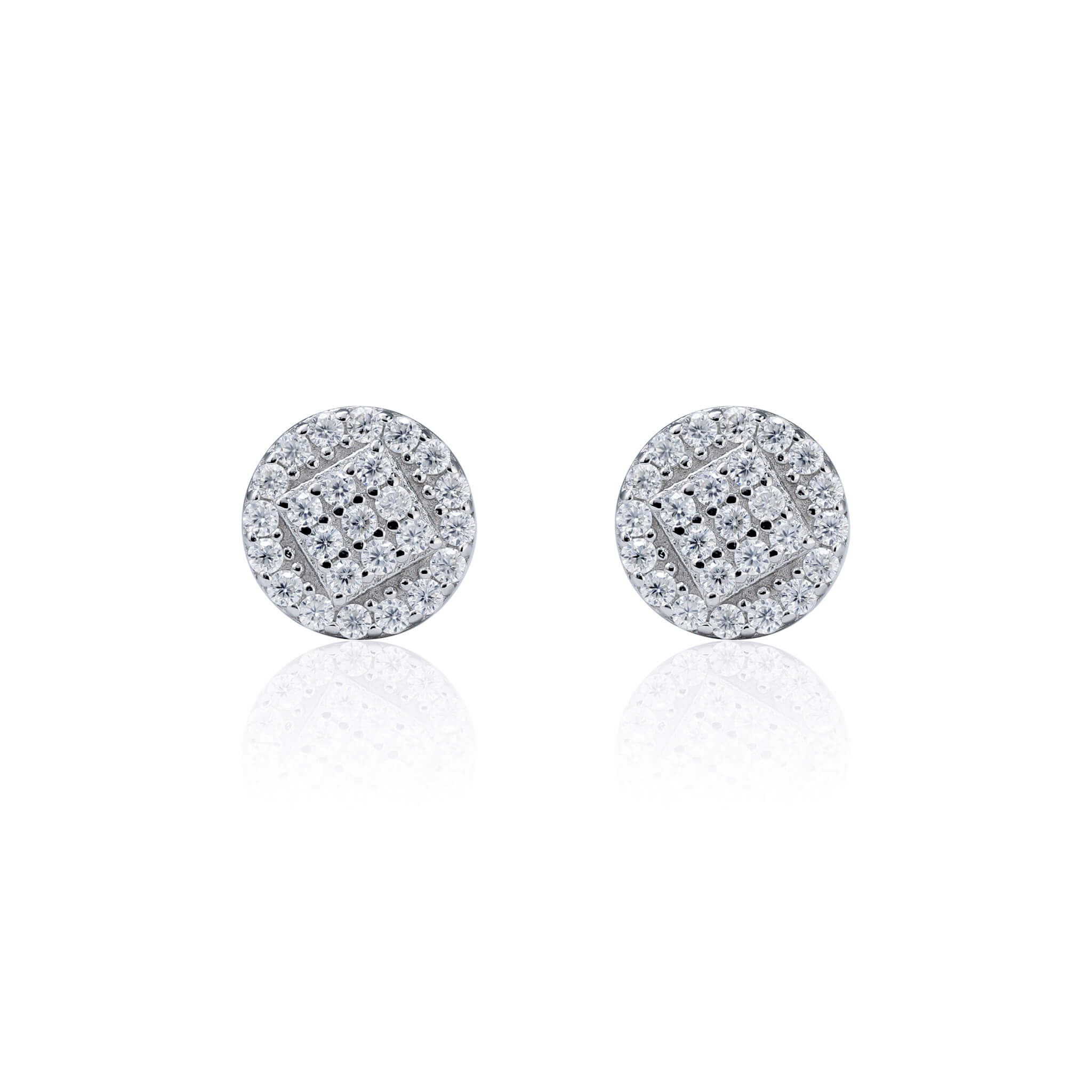 7mm moissanite cluster earrings in sterling silver with square-center diamond pattern front view.