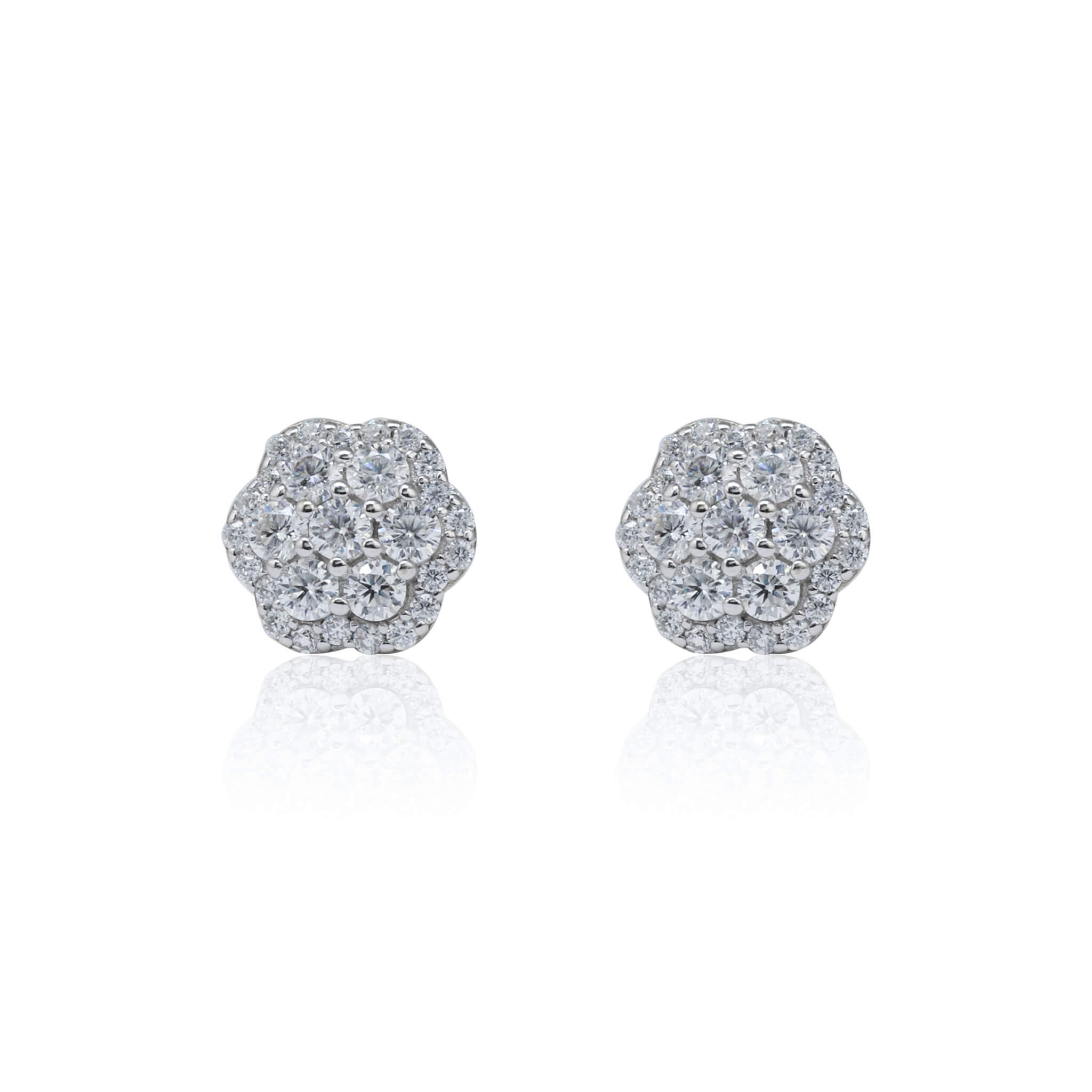 High-polish 9mm sterling silver moissanite flower cluster earrings with bright diamonds.