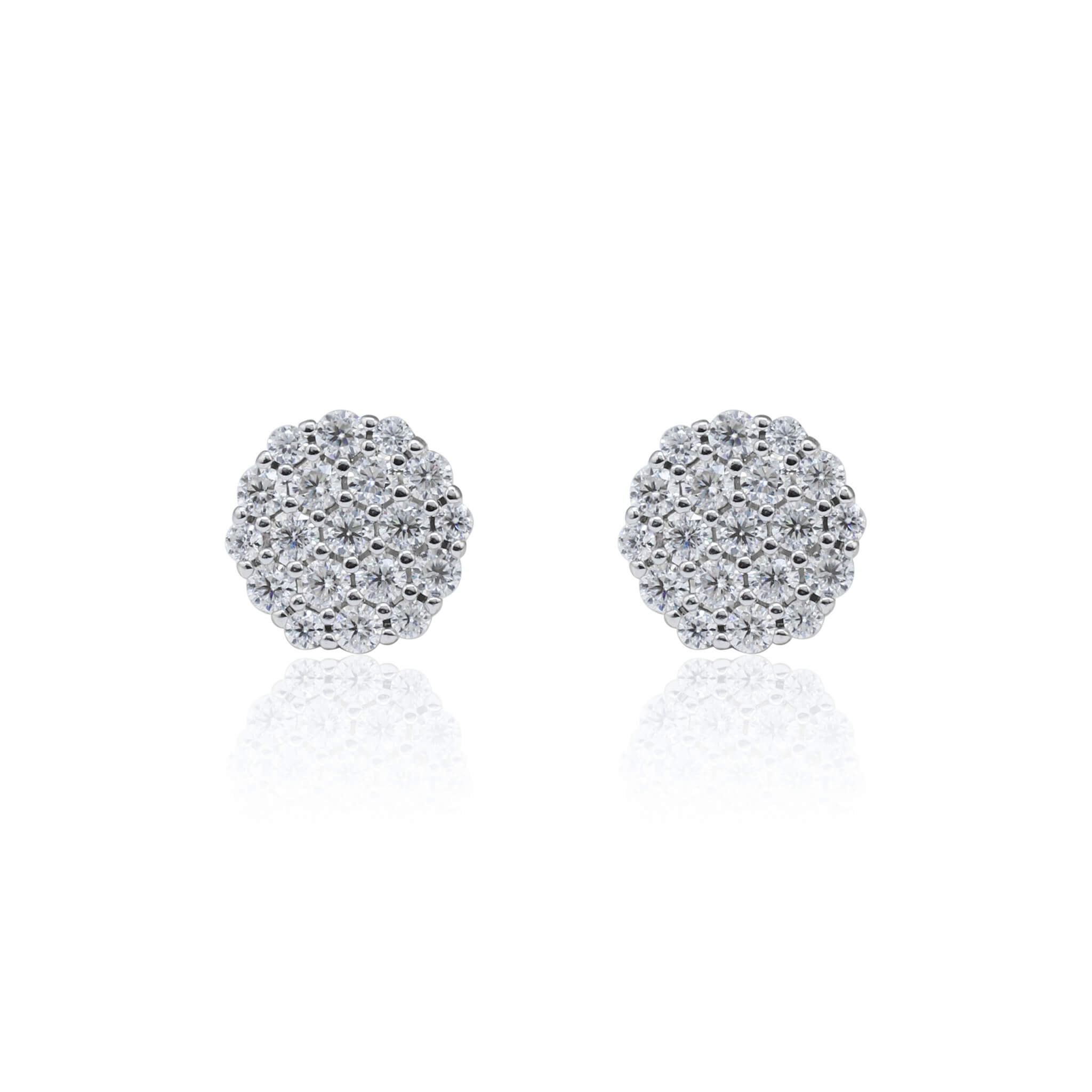 Front view of 9mm Moissanite cluster stud earrings in sterling silver with soft reflection.