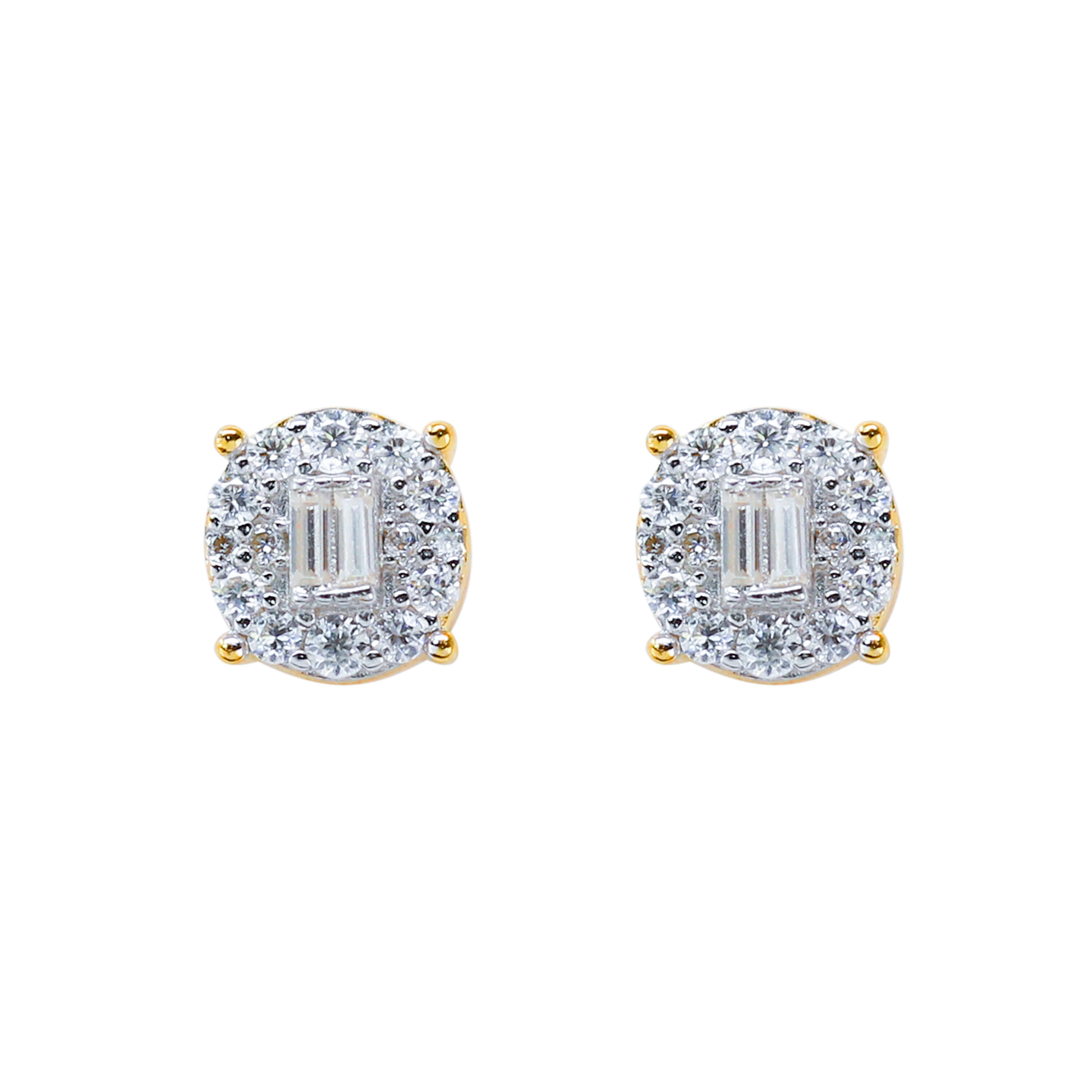 7mm round moissanite cluster earrings in gold displayed against white background.