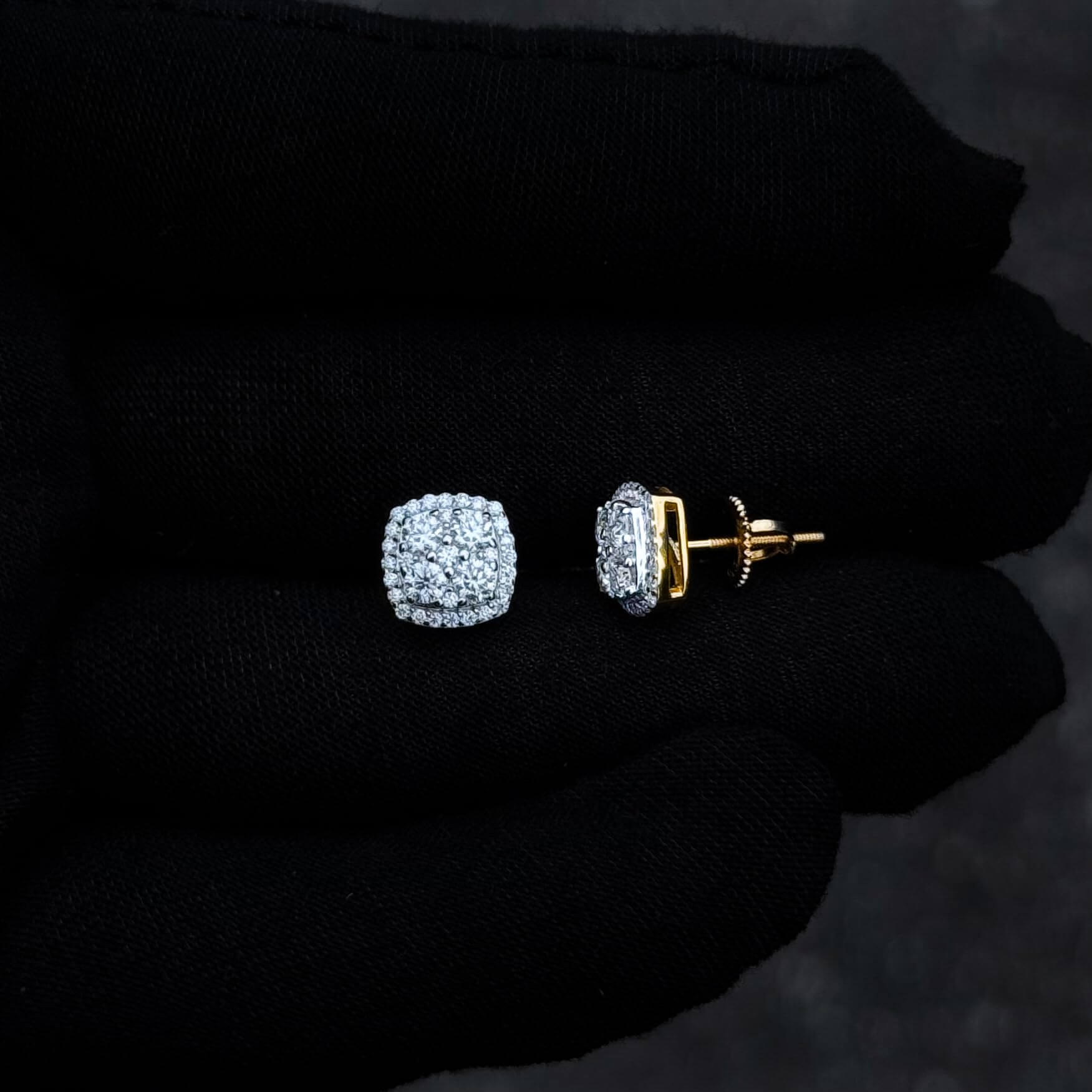 Side and front view of 9mm square moissanite cluster earrings with gold screw-back posts.