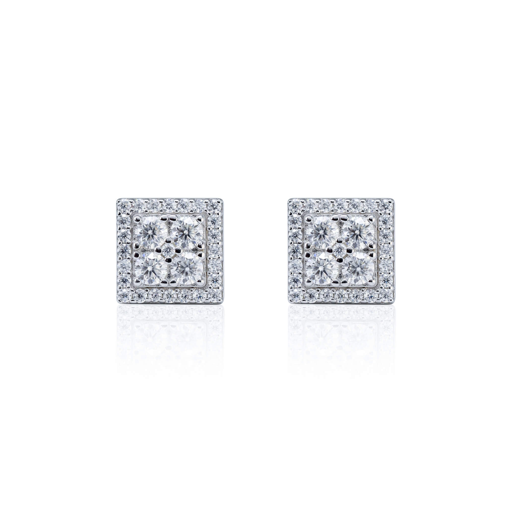 8mm moissanite cluster earrings with 0.65ct diamonds in sterling silver on white background.