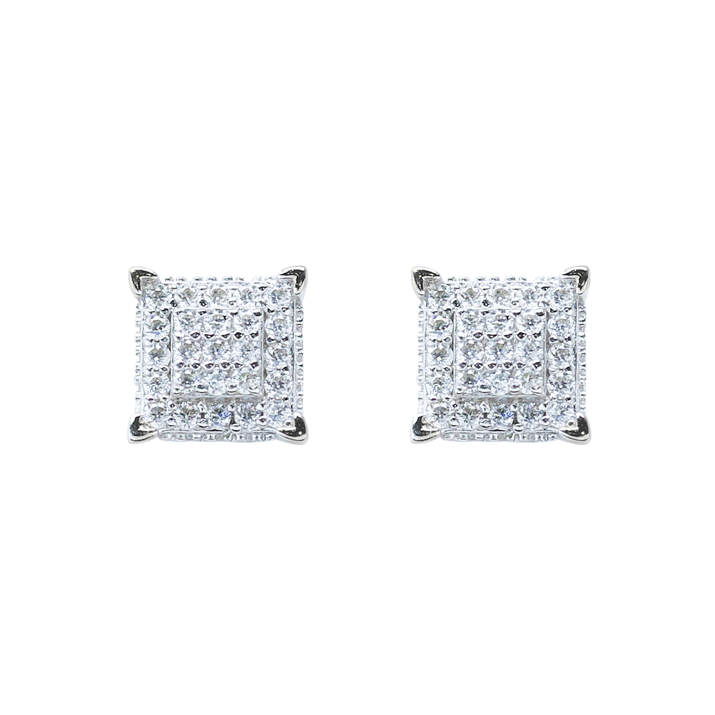 Sterling silver 7mm Moissanite cluster earrings with square pavé design on clean background.