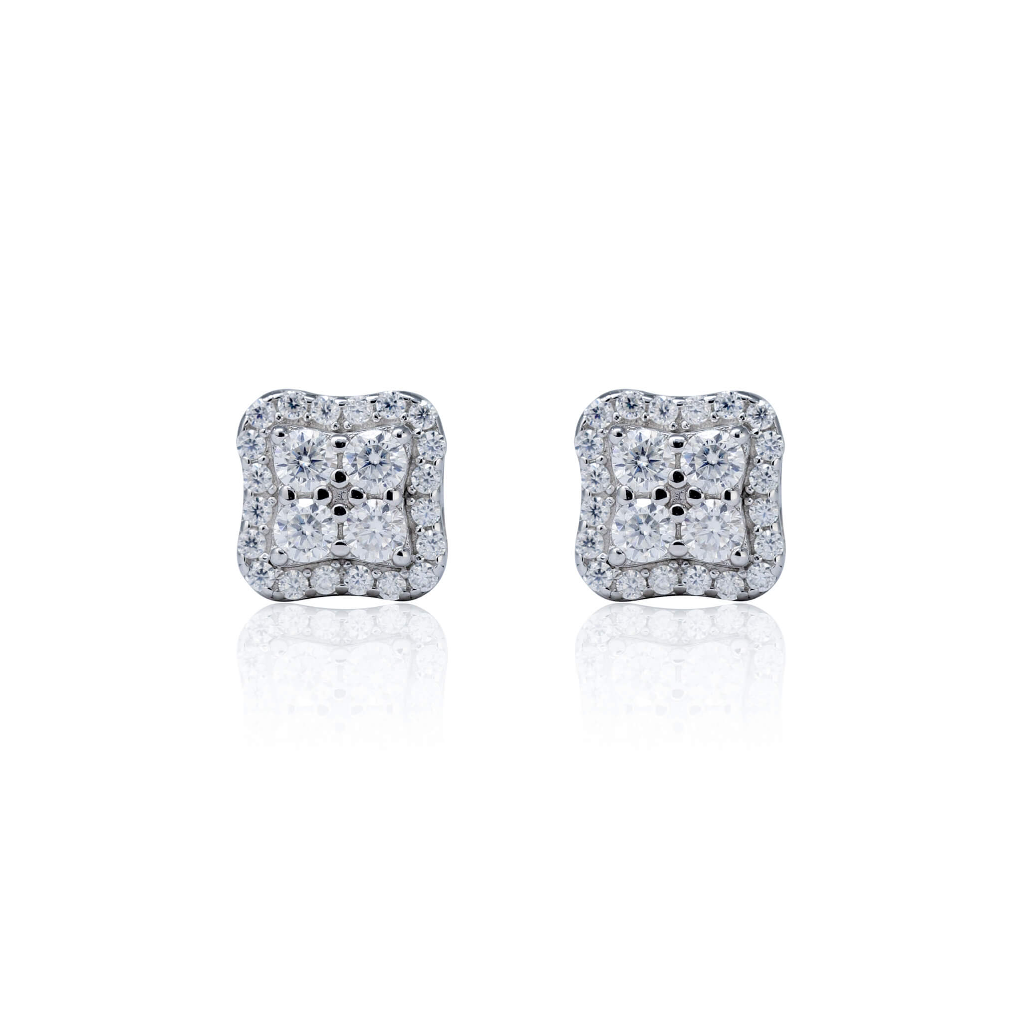 Cushion-shaped 7mm moissanite cluster earrings in sterling silver with bright diamond halo.