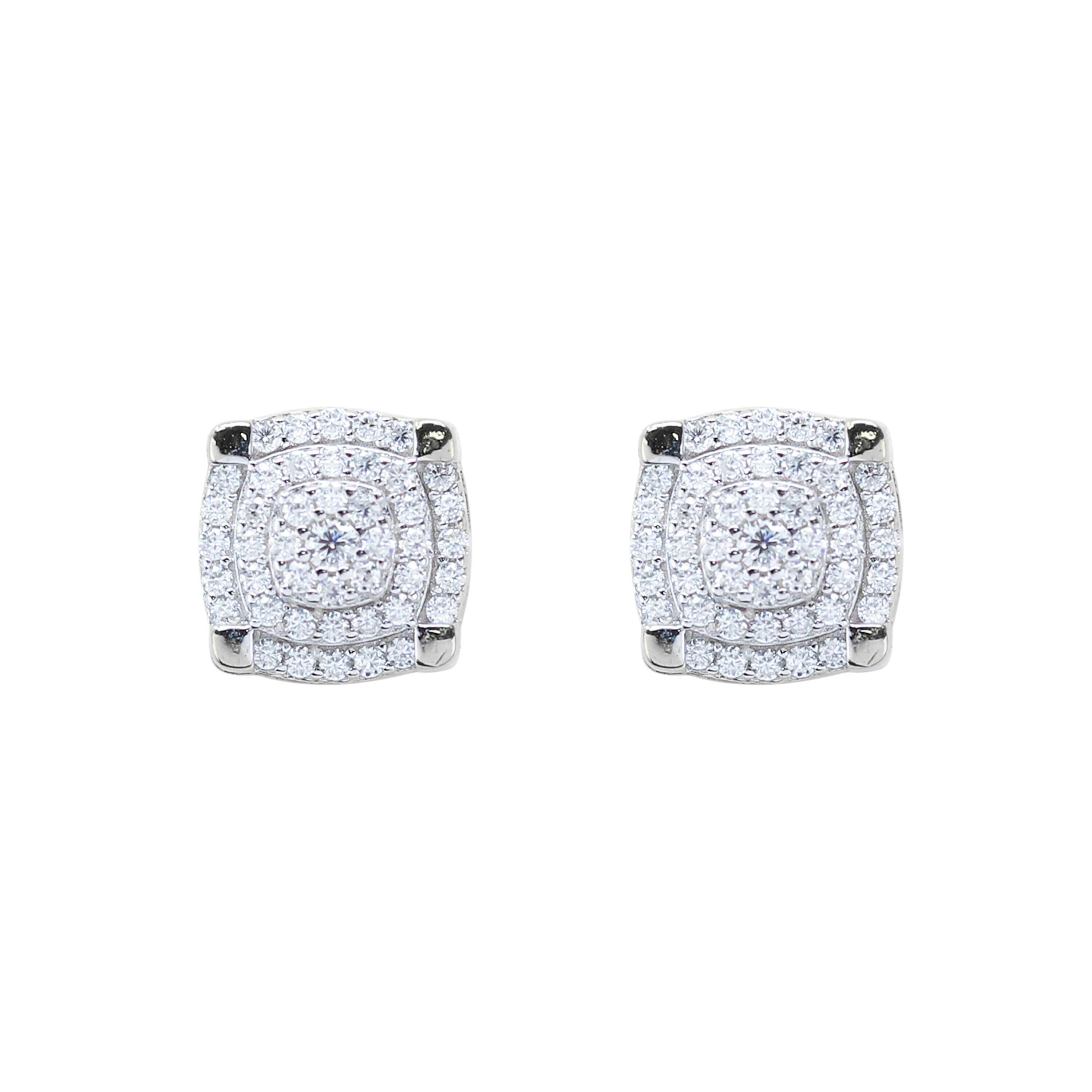 9mm moissanite cluster earrings with 0.5ct diamond studs in polished sterling silver setting.