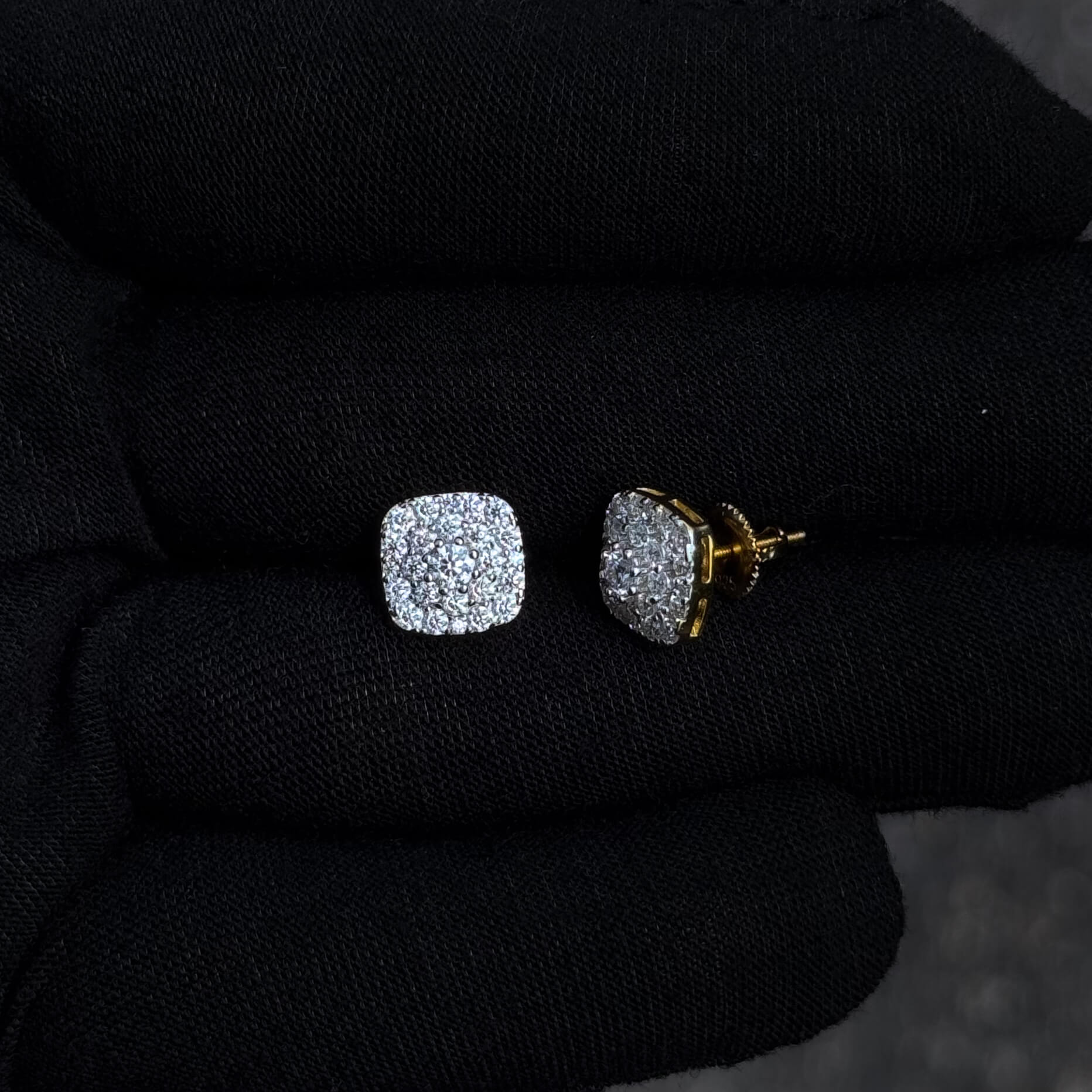 Side and front view of 9mm square moissanite cluster earrings featuring gold screw-back posts.