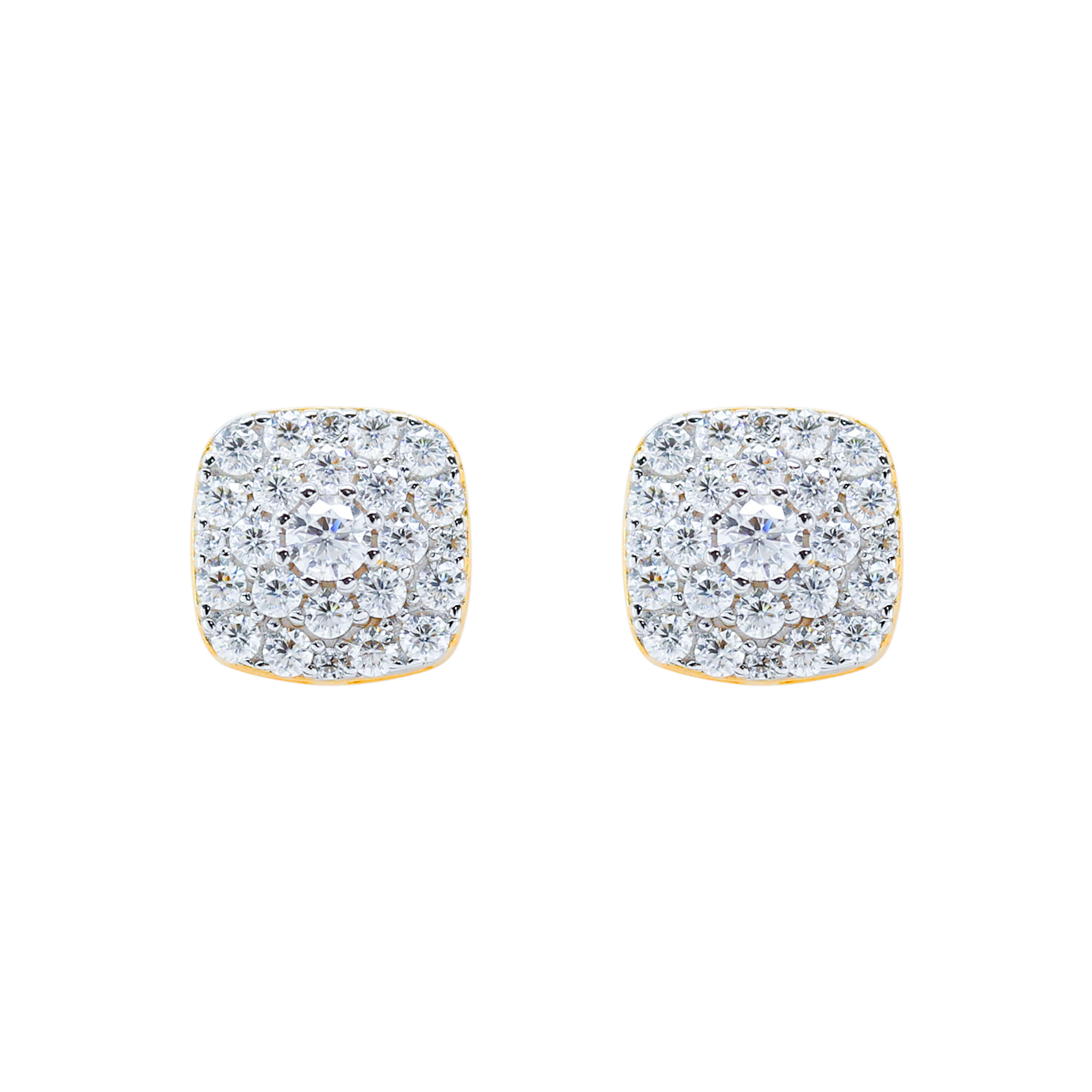 Close-up of 9mm square moissanite cluster earrings with layered round stones in sterling silver.