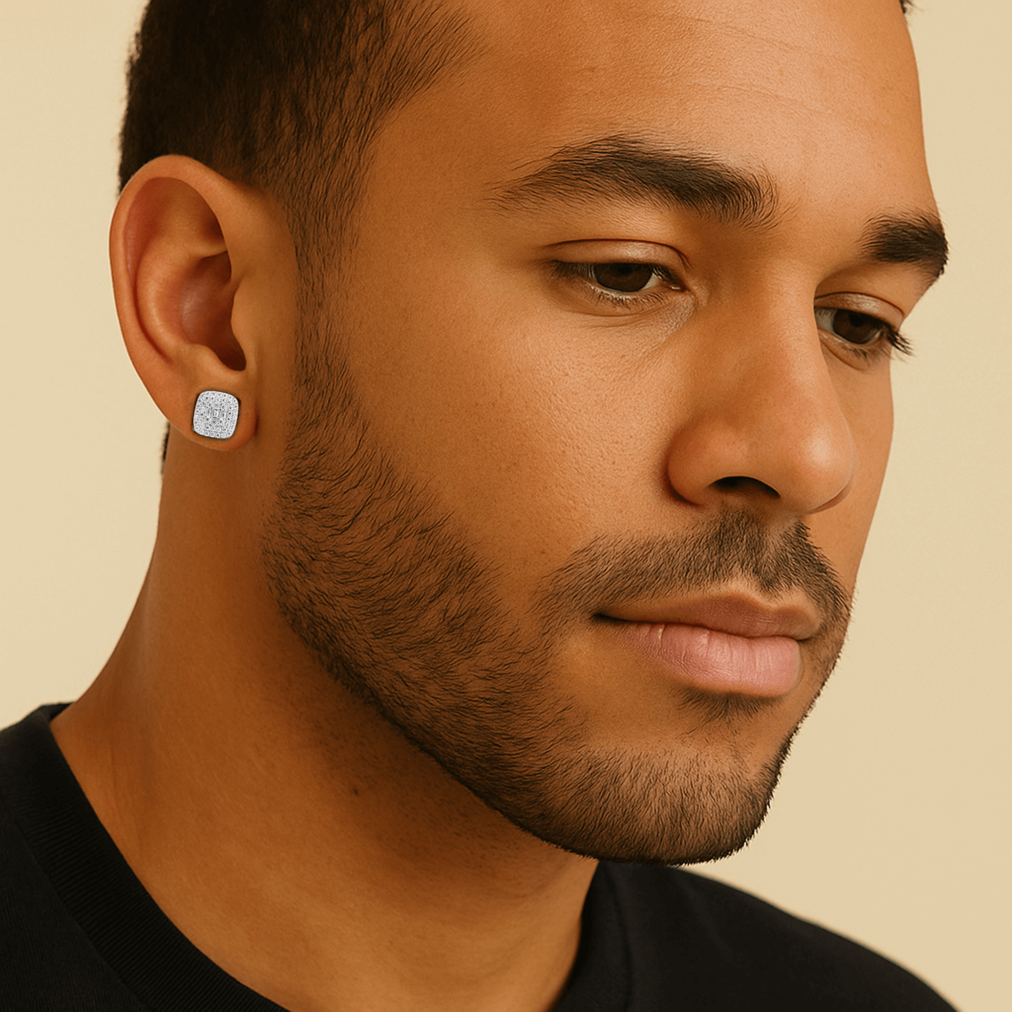 Male model wearing 9mm sterling silver square moissanite cluster earrings for size and style view.