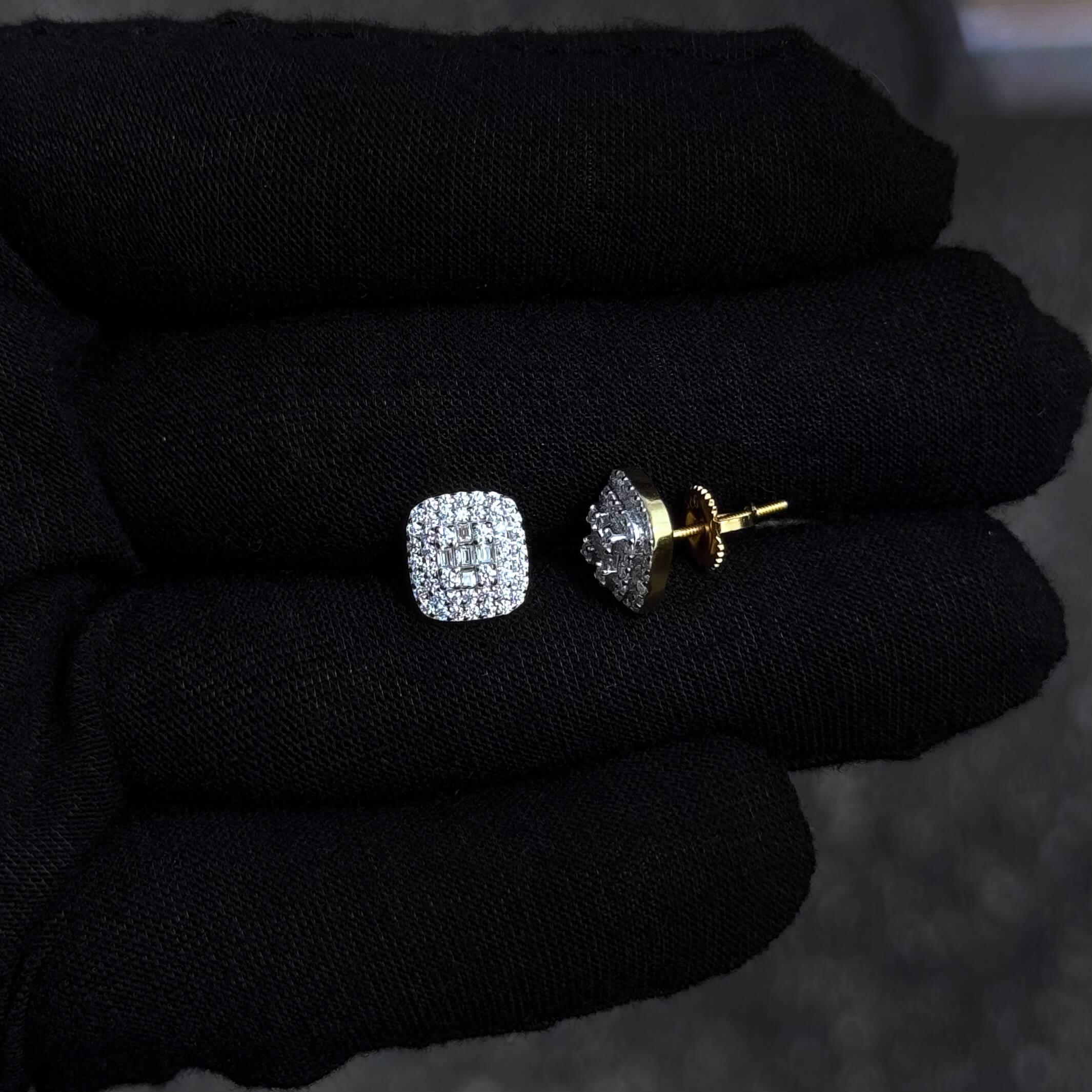 Side and front view of 9mm square cluster moissanite earrings with gold screw-back posts.