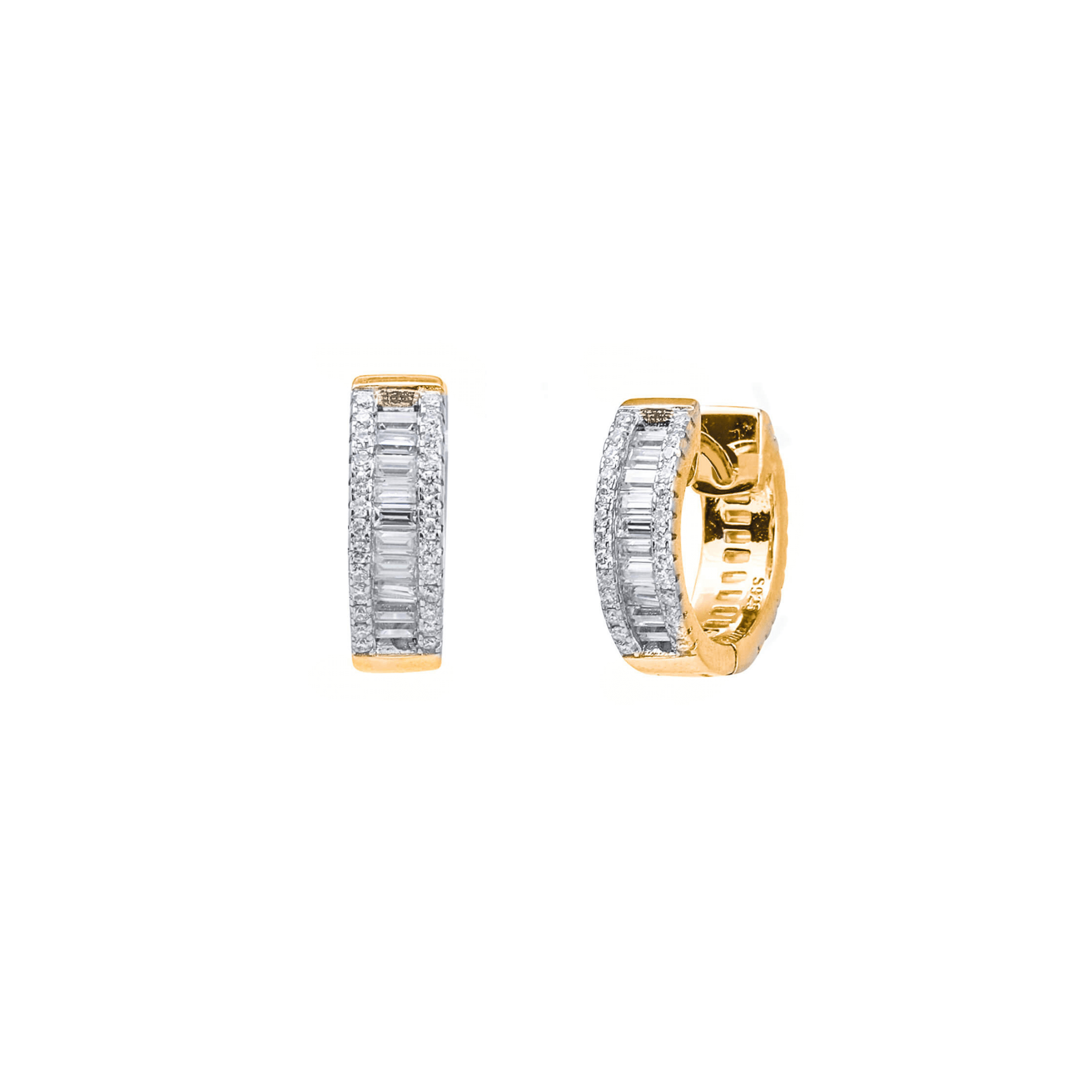Gold Baguette Huggie Moissanite Diamond Earrings with baguette center and pavé edges.