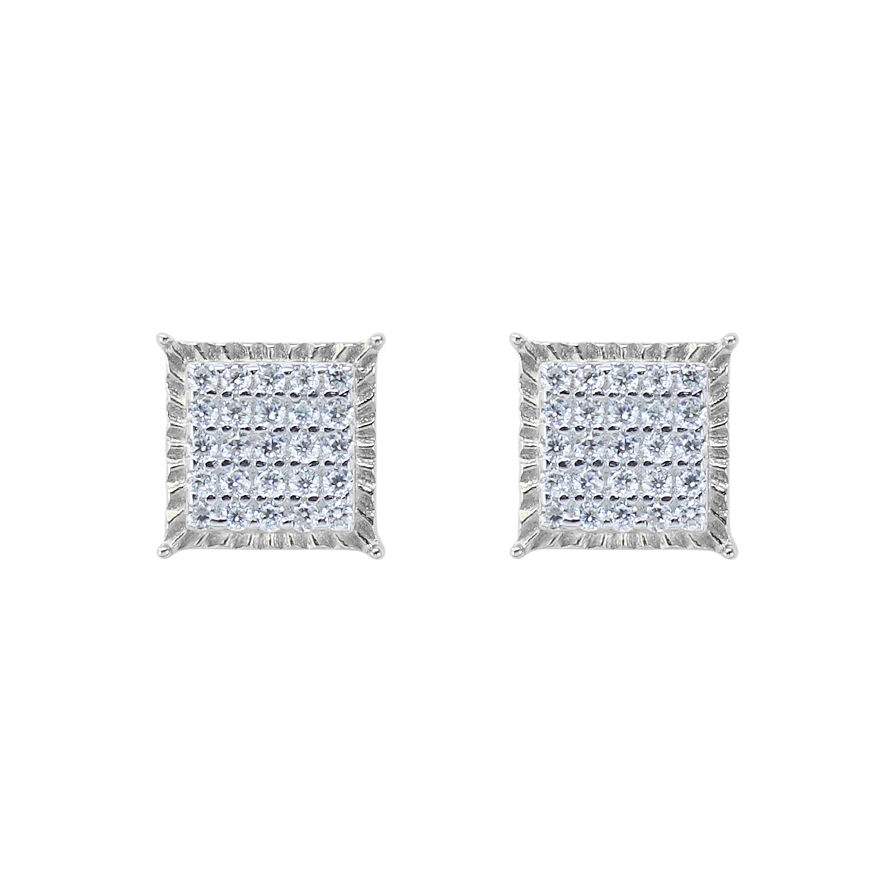Silver 7mm Moissanite cluster earrings with textured square border and pavé diamond center.