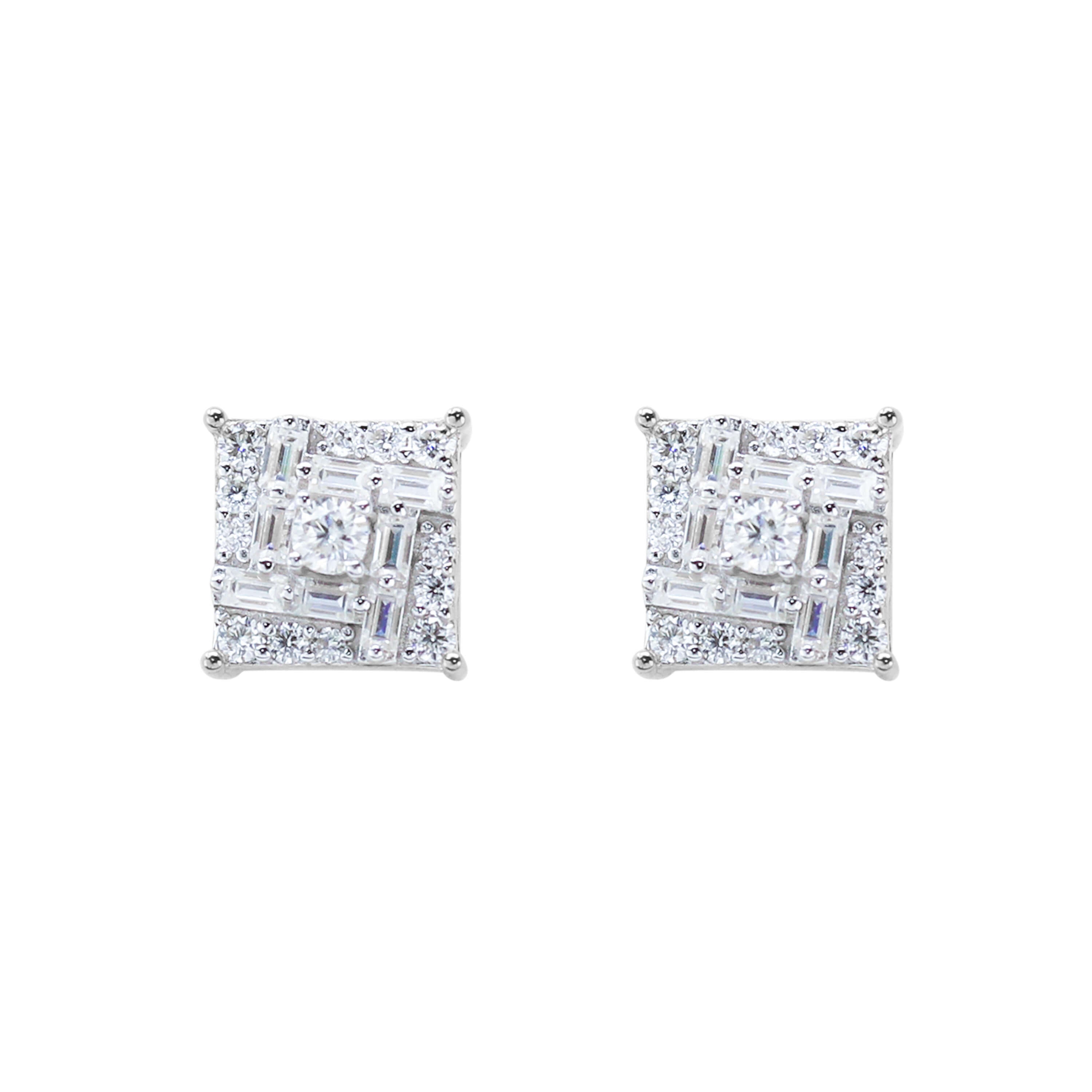 Sterling silver 9mm square moissanite cluster earrings shown in white background.