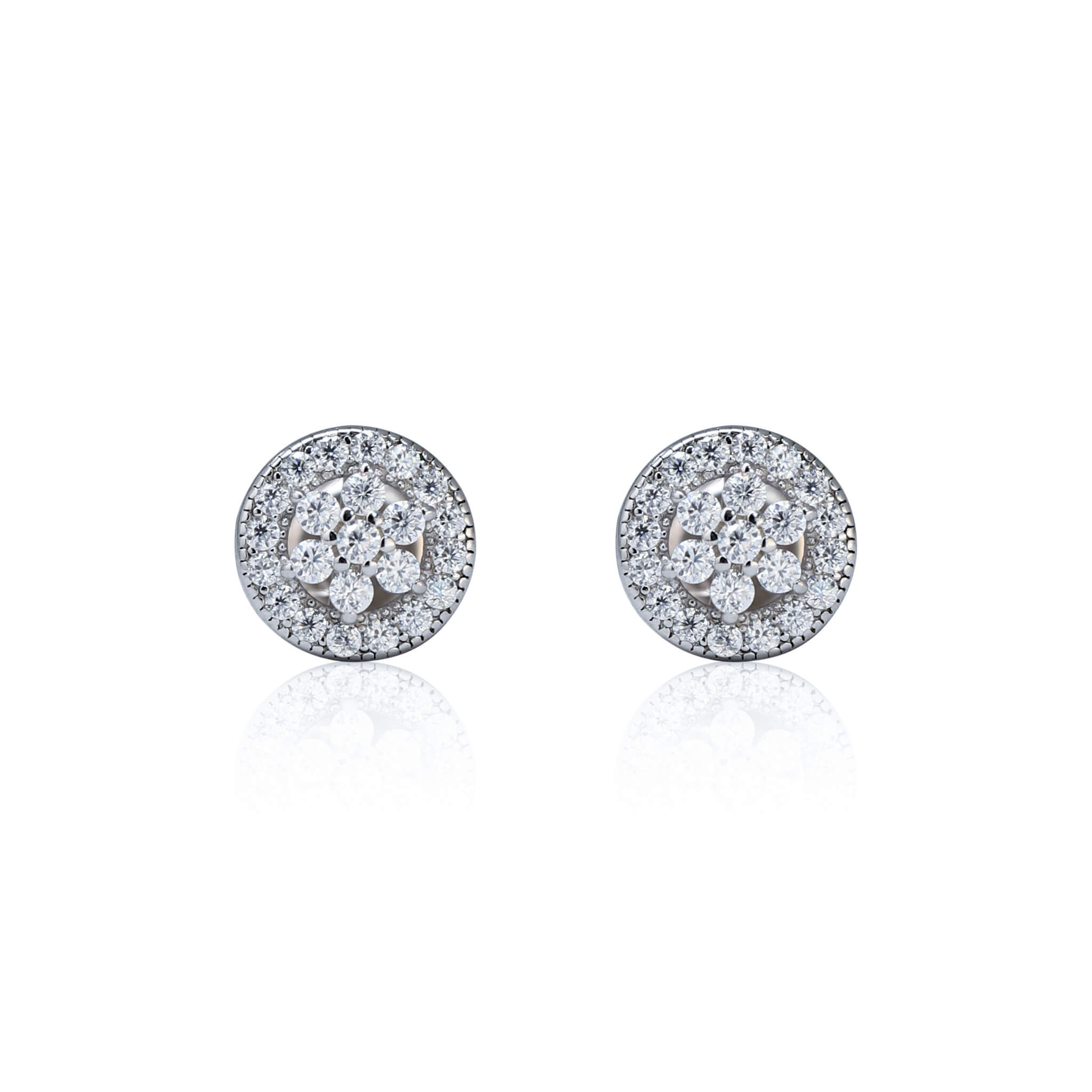 8mm round moissanite cluster earrings with bright diamond halo and floral center pattern.