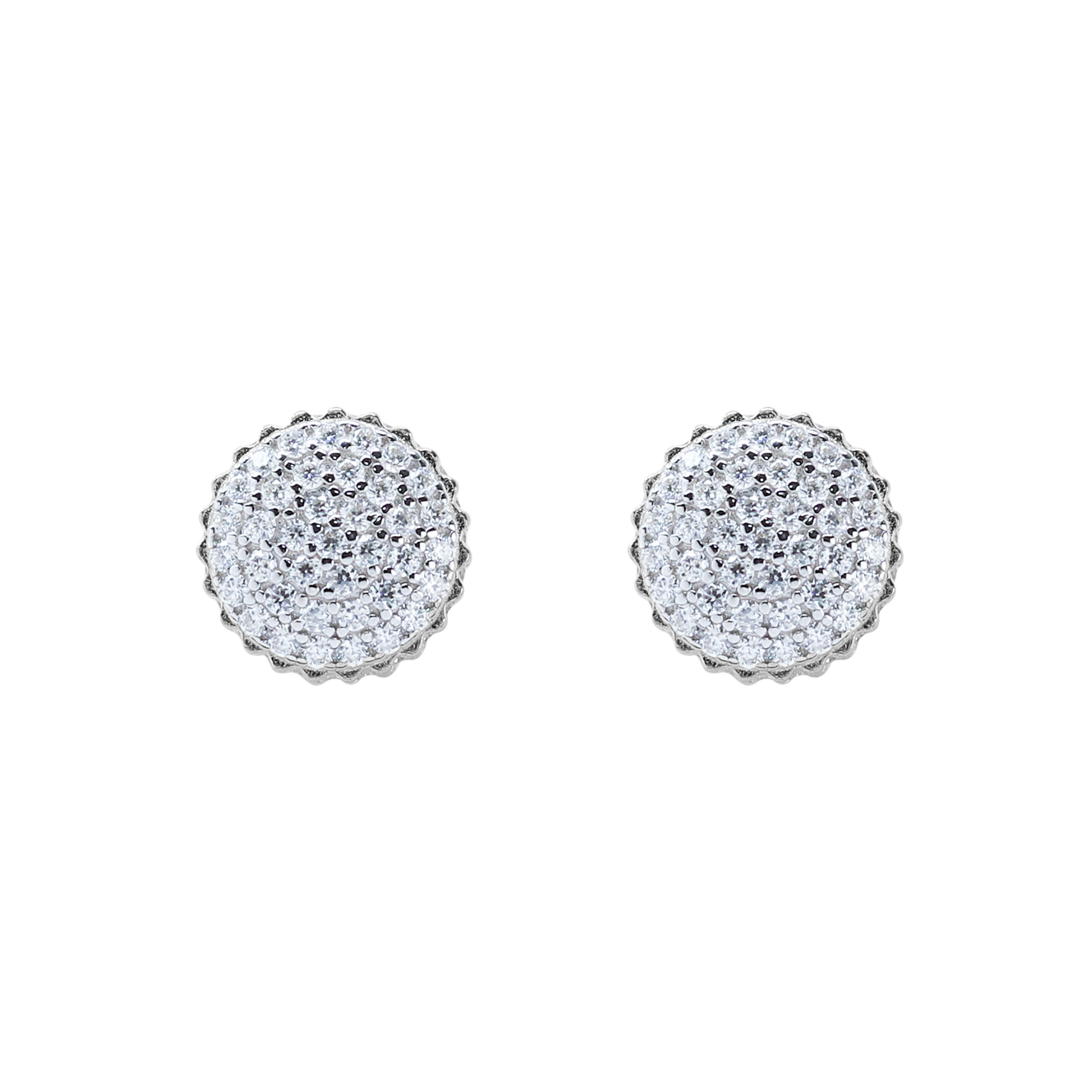 Round 9mm sterling silver moissanite cluster earrings with shimmering pavé dome and scalloped border.