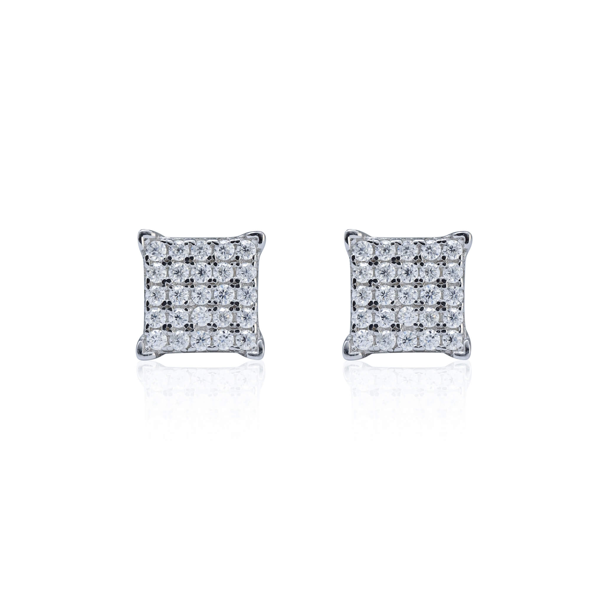 Sterling silver 6mm Moissanite cluster stud earrings with square prong design on white background