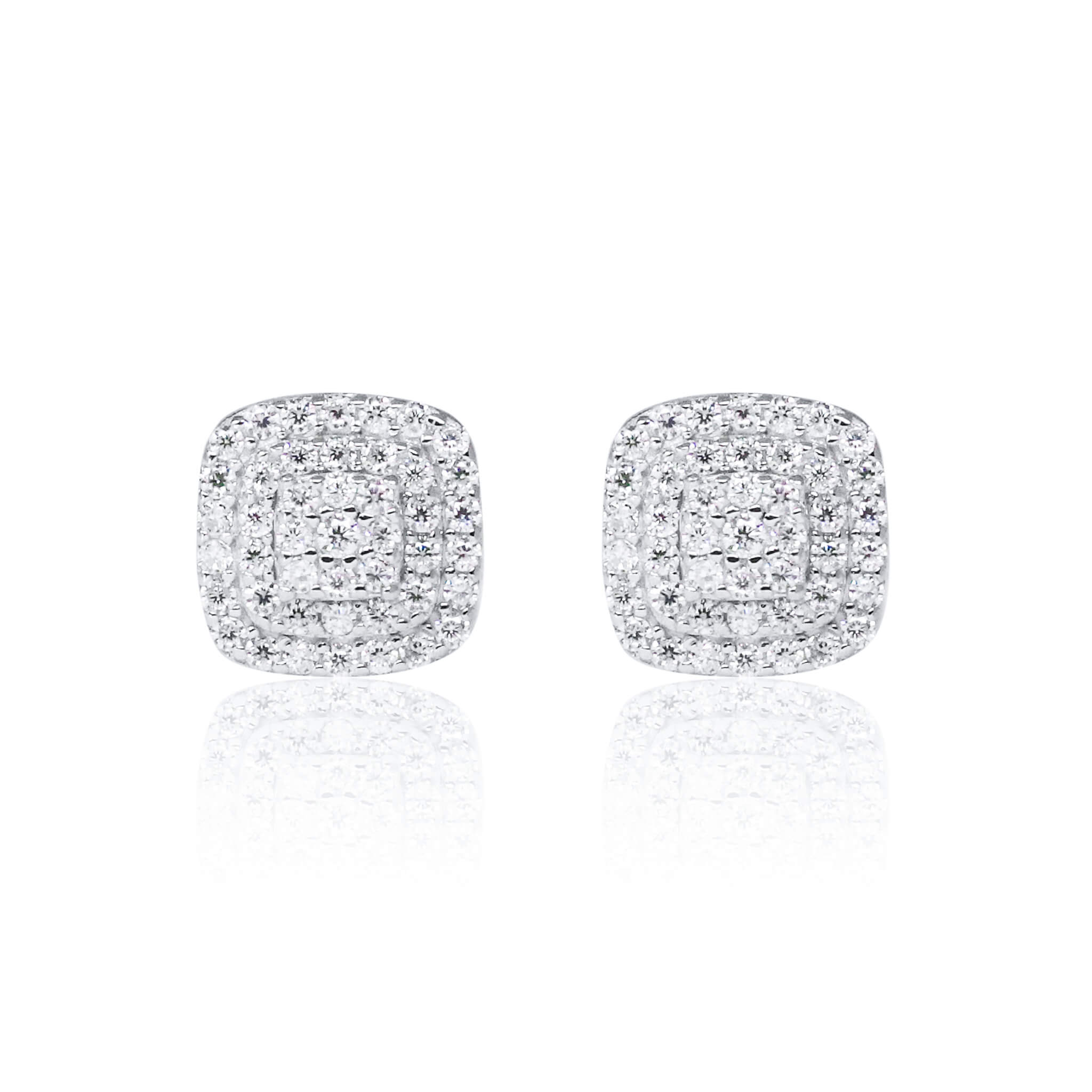 8mm square moissanite cluster earrings with layered halo diamonds in polished sterling silver setting.