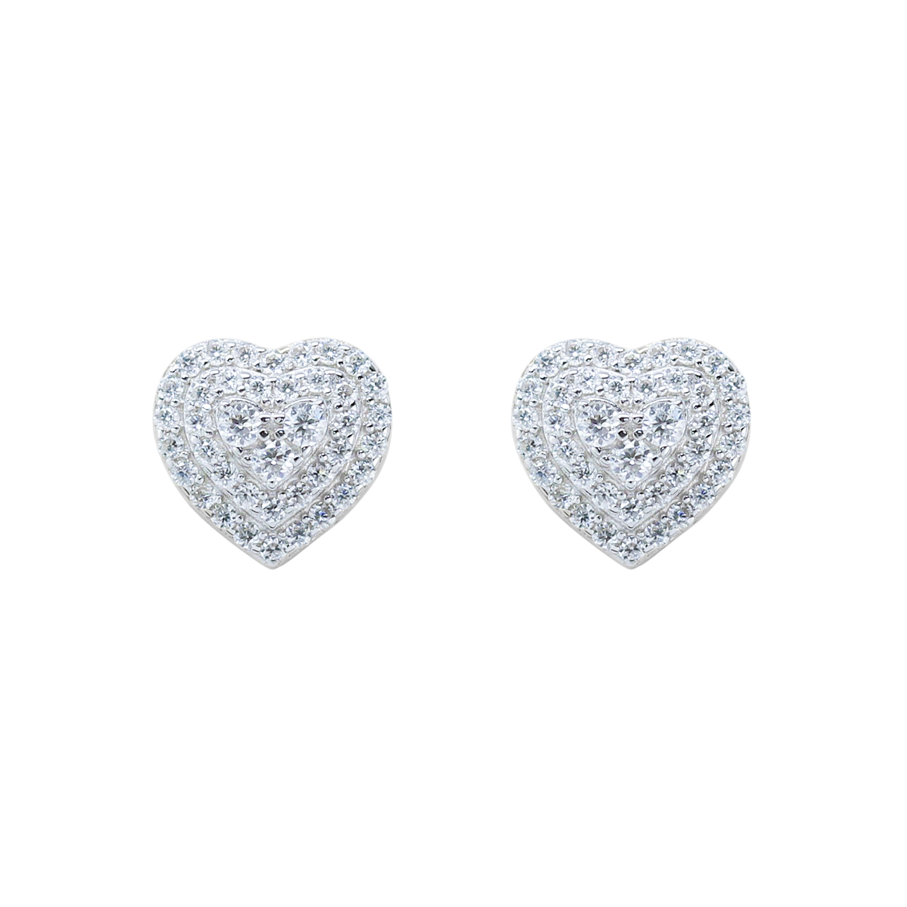 Front view of 9mm heart moissanite cluster earrings with multi-layer heart diamond halos.