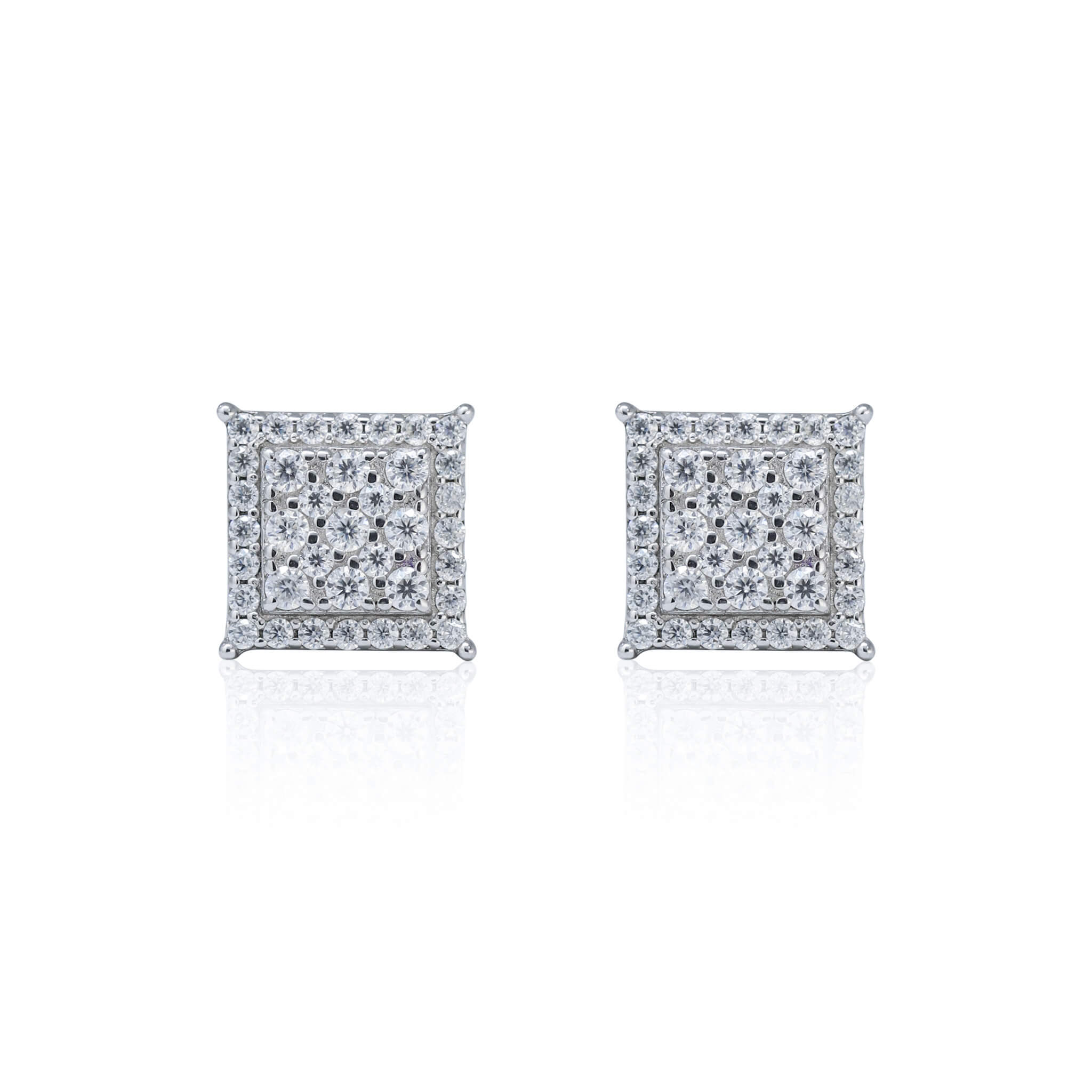 Sterling silver 9mm Moissanite cluster stud earrings with square halo and polished finish.