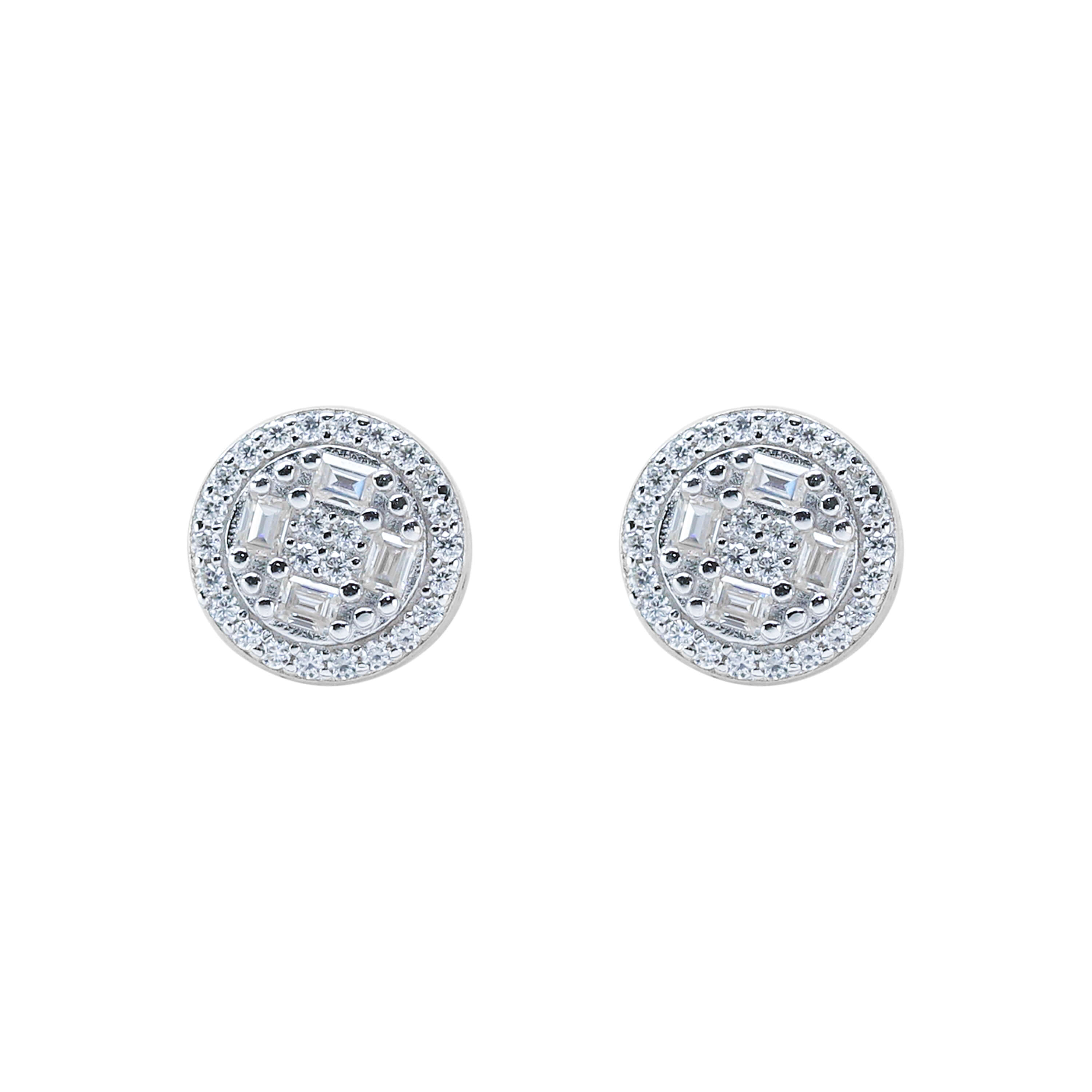 Silver round Moissanite cluster earrings featuring baguette diamonds and pavé halo design.