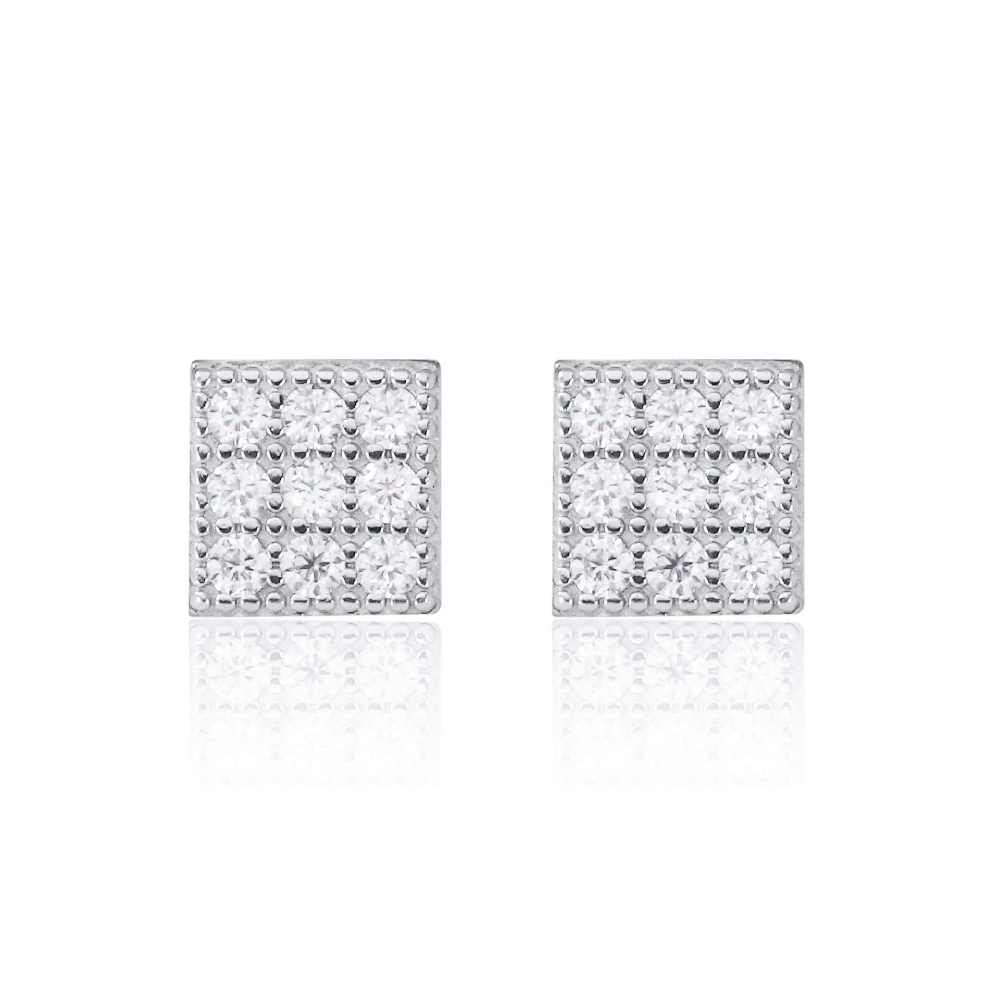 7mm sterling silver square moissanite cluster earrings with bright pavé diamond accents.