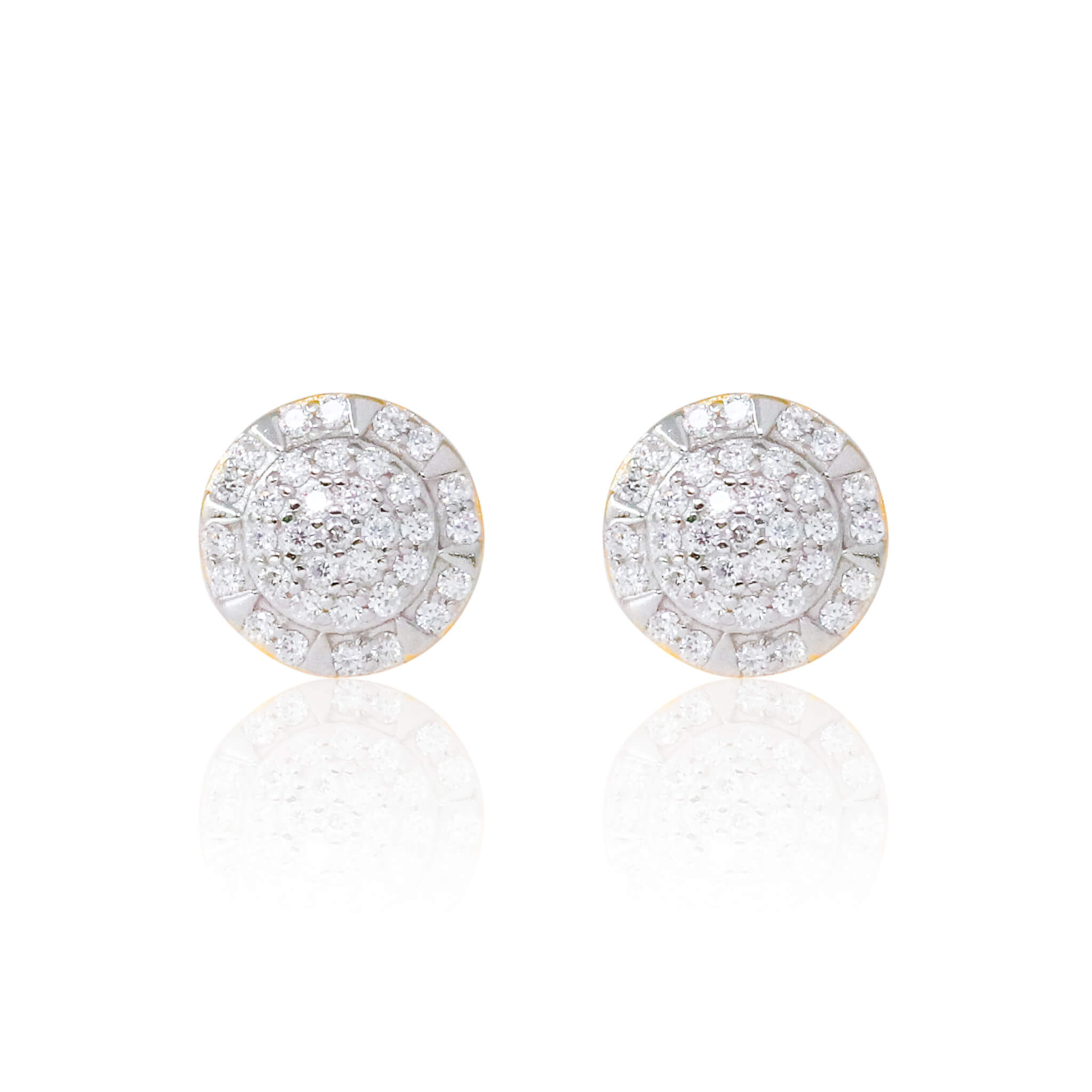 8mm gold moissanite cluster earrings with multi-row pavé diamonds in round shape.