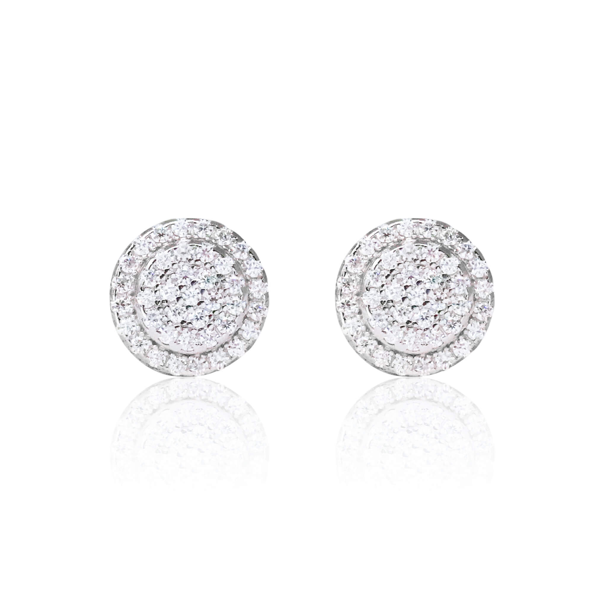 8mm sterling silver moissanite cluster earrings featuring bright pavé diamonds and double halo.