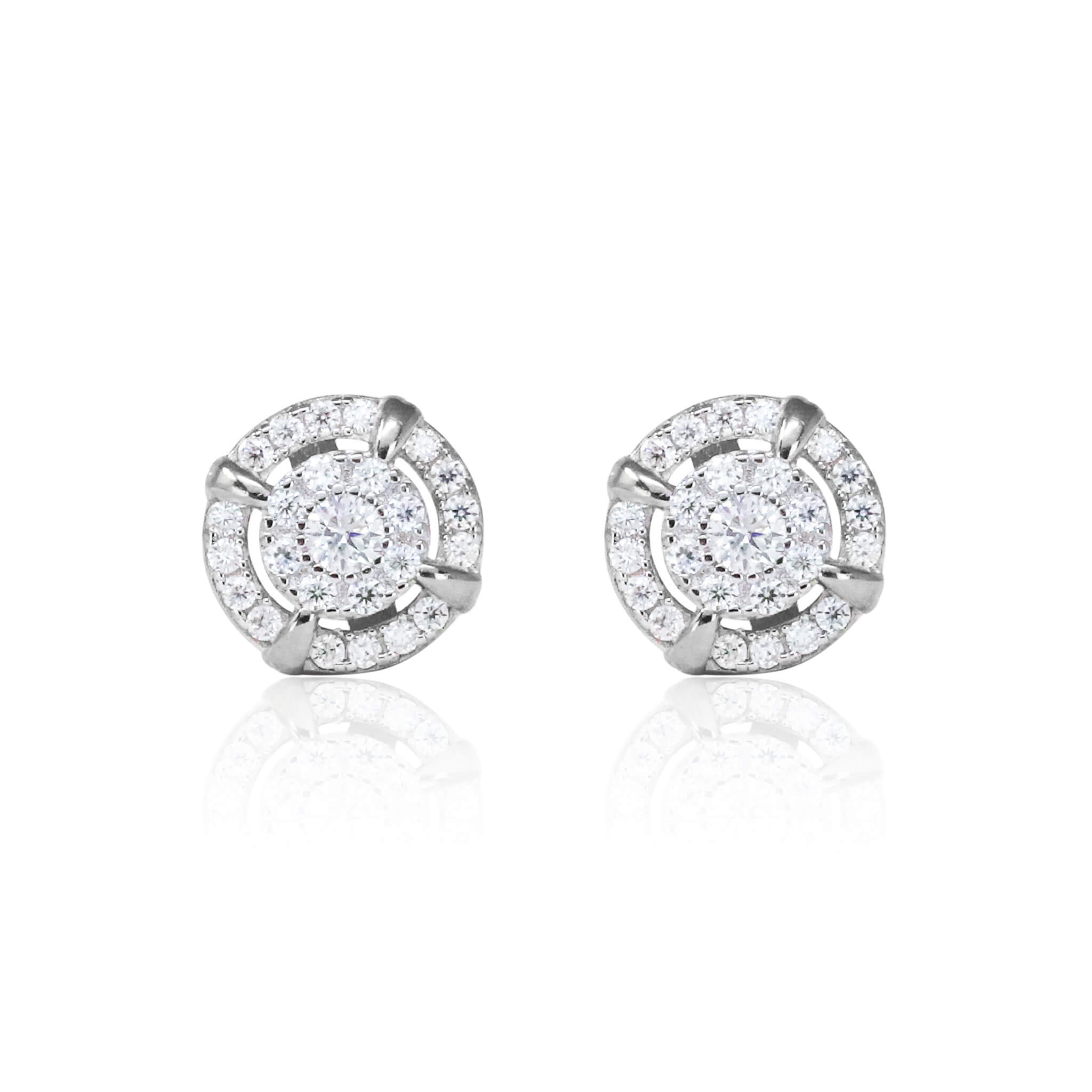 8mm halo moissanite cluster earrings in sterling silver with double-row pavé diamond detailing.