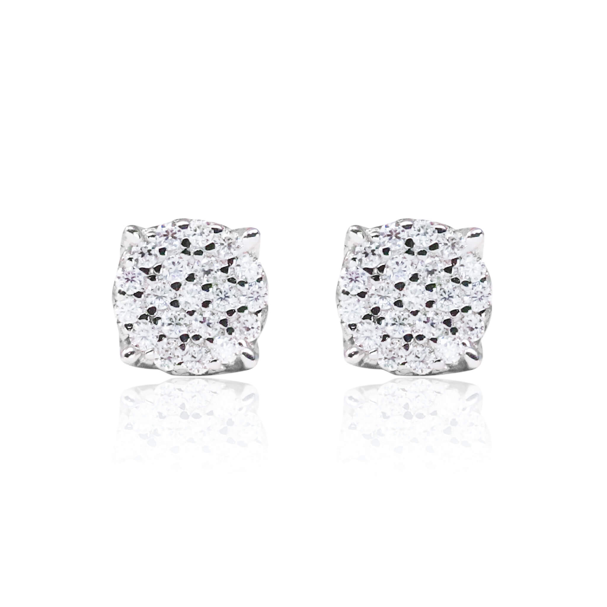 5mm Moissanite diamond cluster earrings in polished sterling silver cushion-shaped setting.