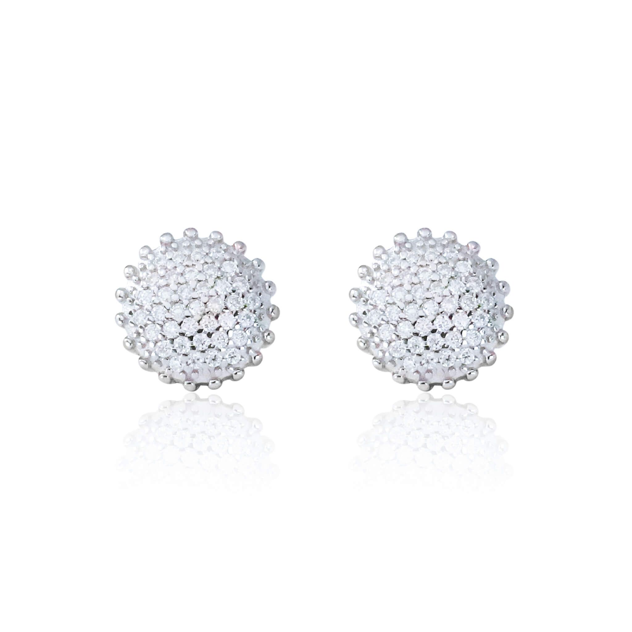 8mm round moissanite cluster earrings featuring 0.48ct diamonds in polished sterling silver.