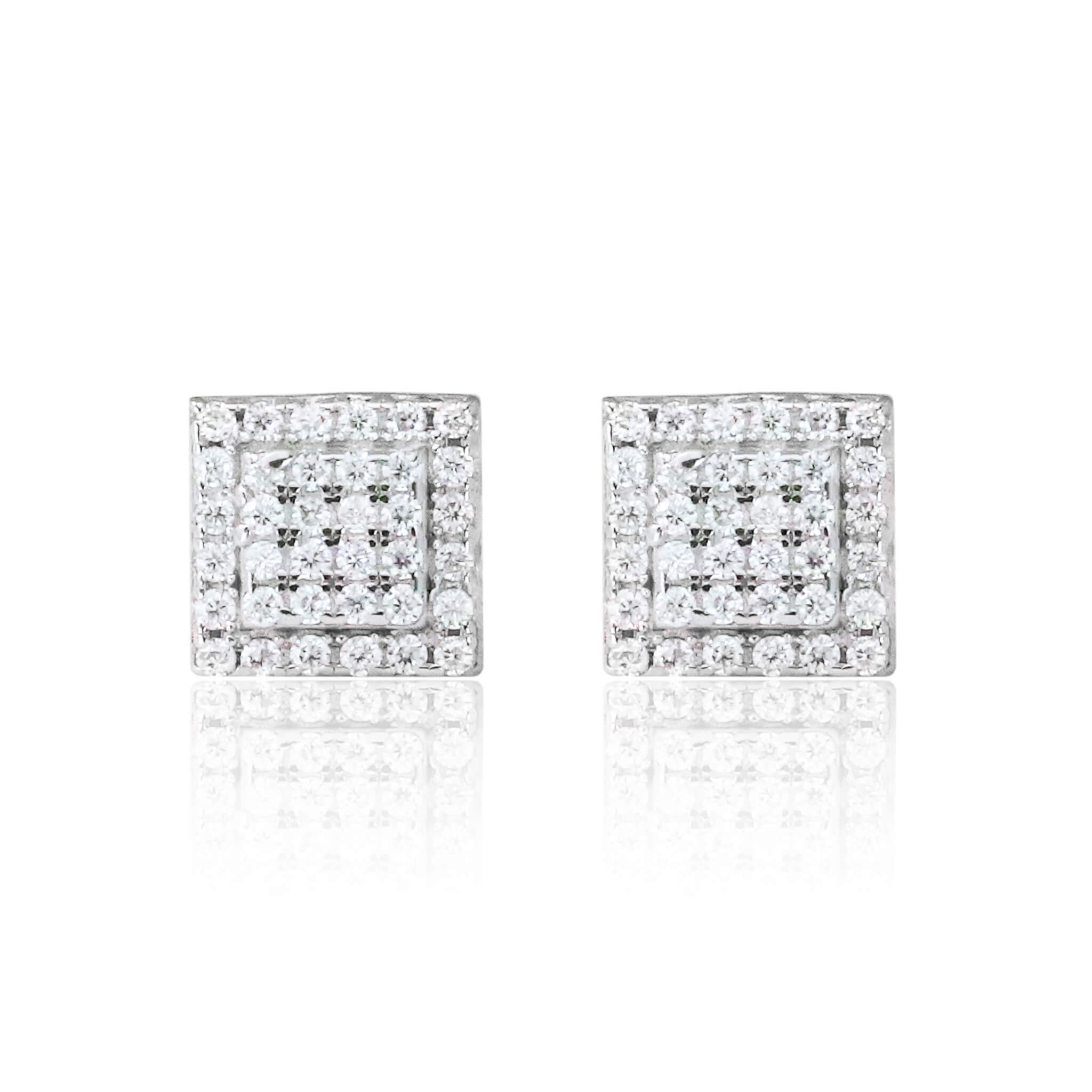 Close-up of 6mm moissanite cluster square earrings in sterling silver with double halo diamond design.