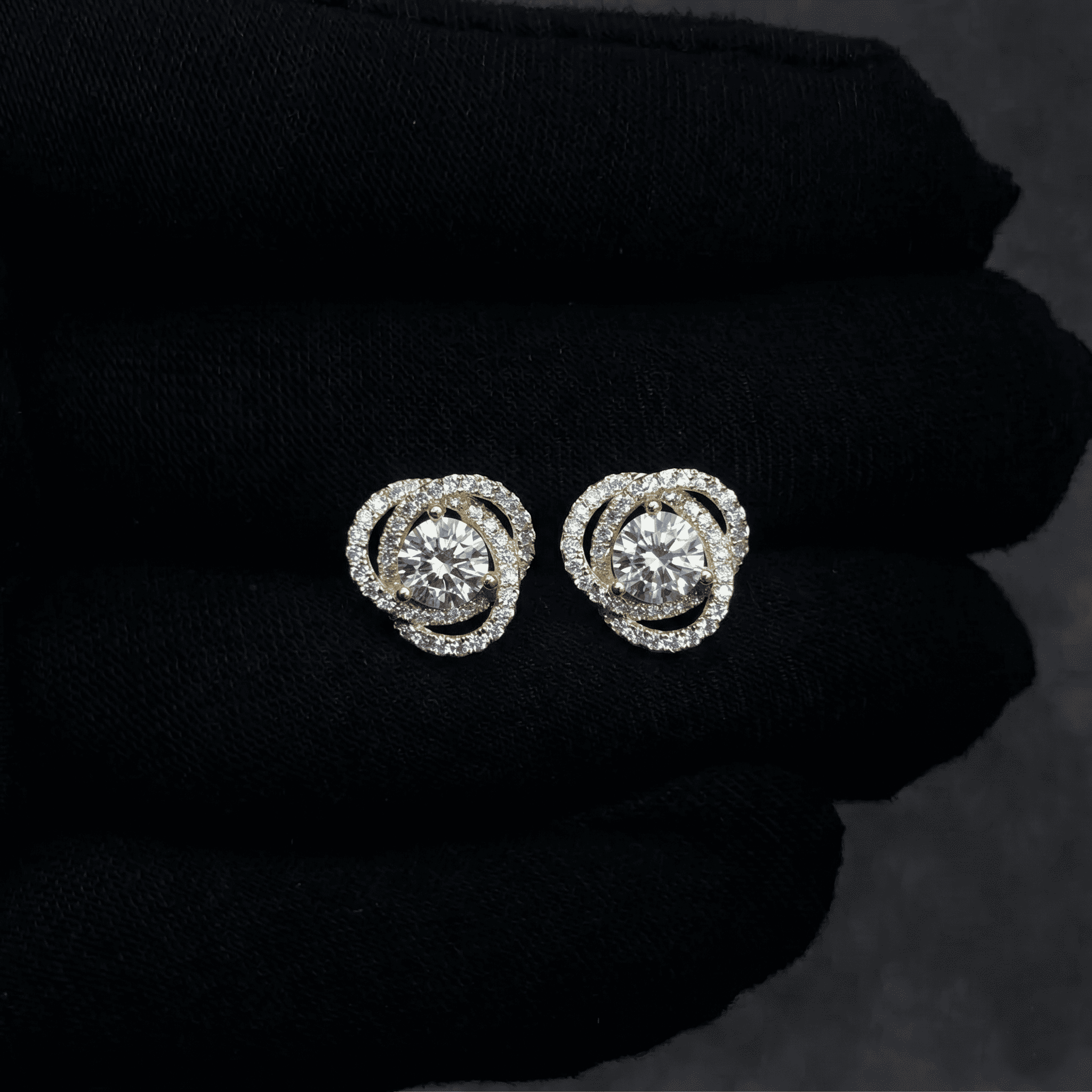10mm Moissanite Floral Swirl Halo Stud Earrings In premium sterling silver