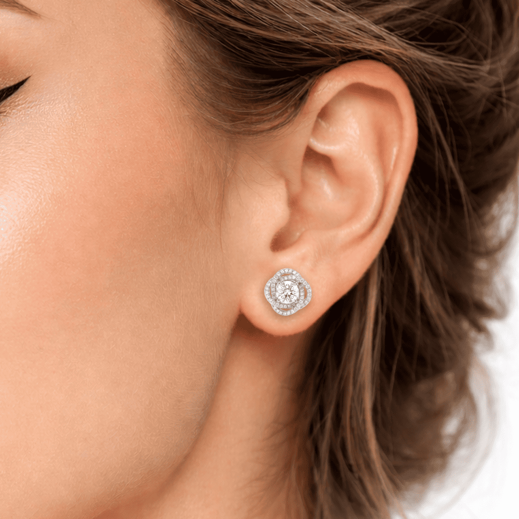 10mm Moissanite Floral Swirl Halo Stud Earrings In premium sterling silver