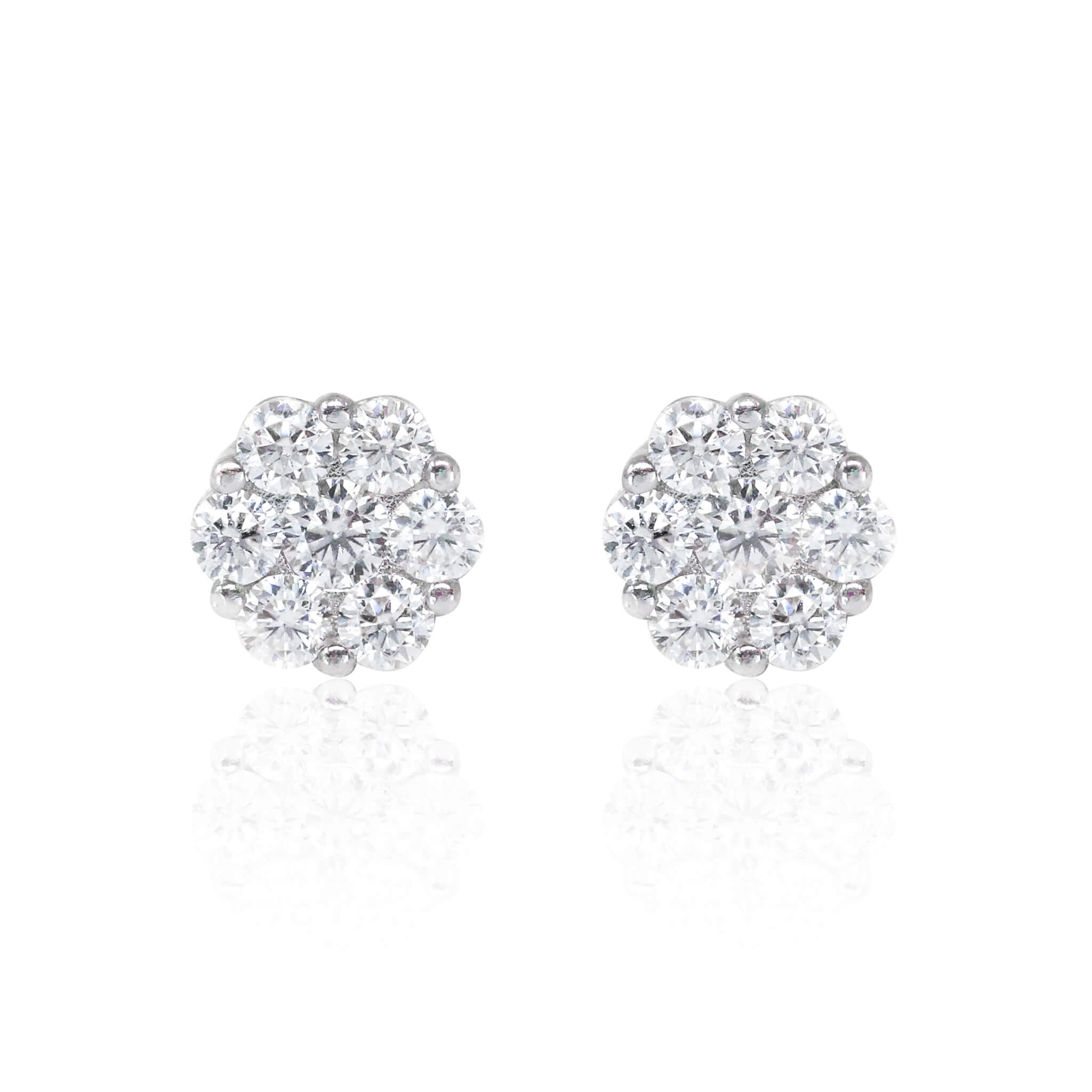 Bright sterling silver 10mm moissanite cluster earrings featuring round 0.96ct diamond studs.