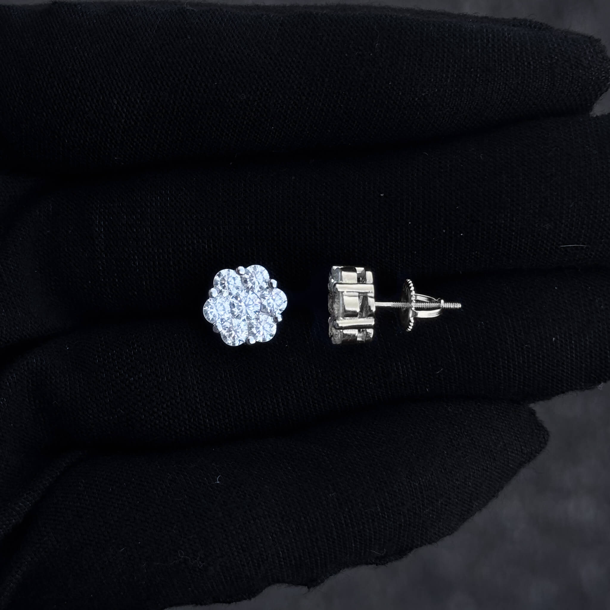 Side and front view of 10mm sterling silver moissanite cluster earrings with screw-back posts.