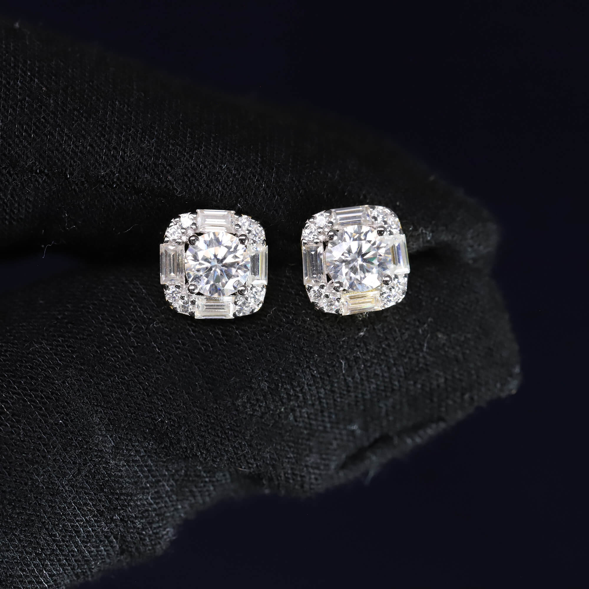 8mm Moissanite Cushion-Halo Earrings in Premium Sterling Silver