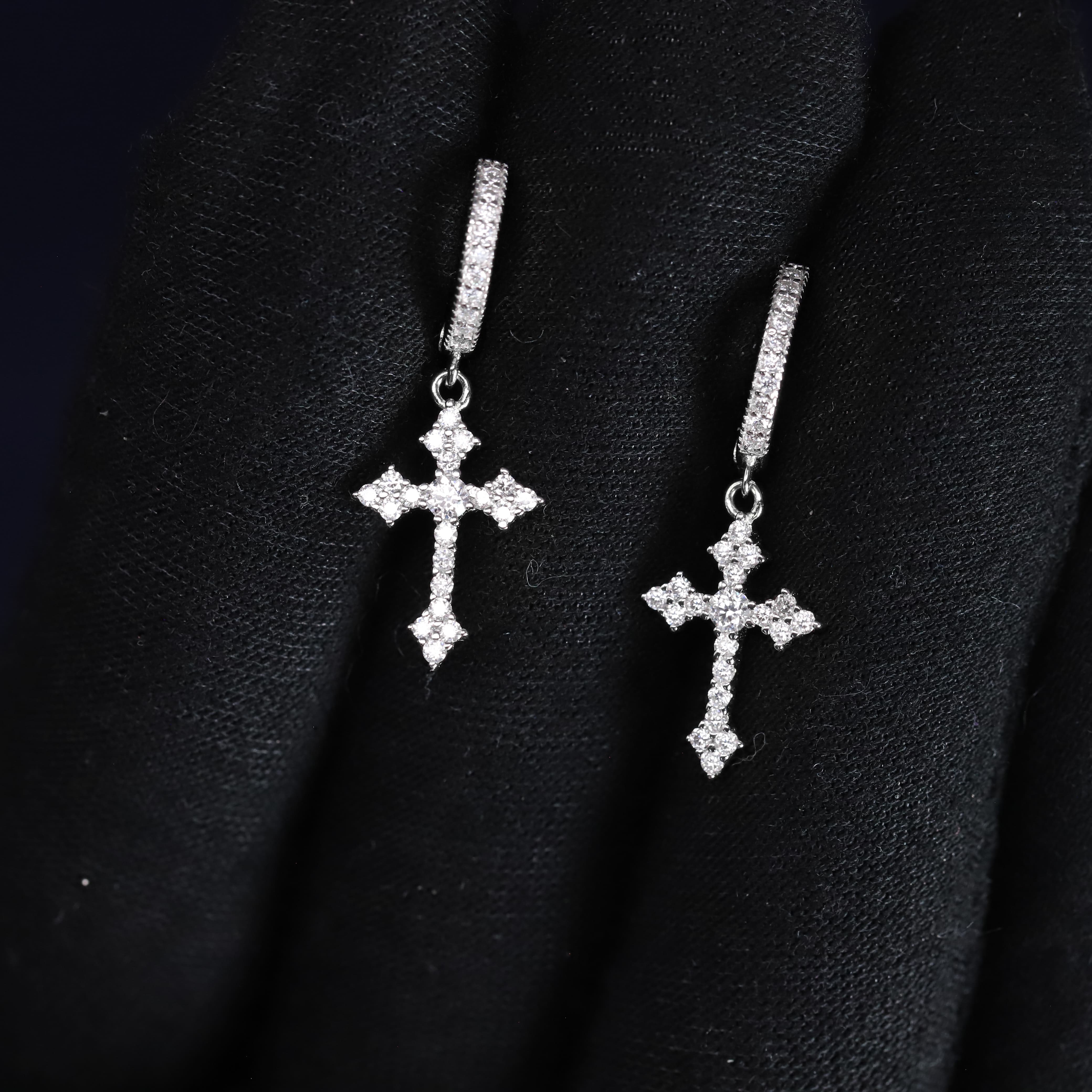 15mm Moissanite Cross Dangle Earrings in Premium Sterling Silver